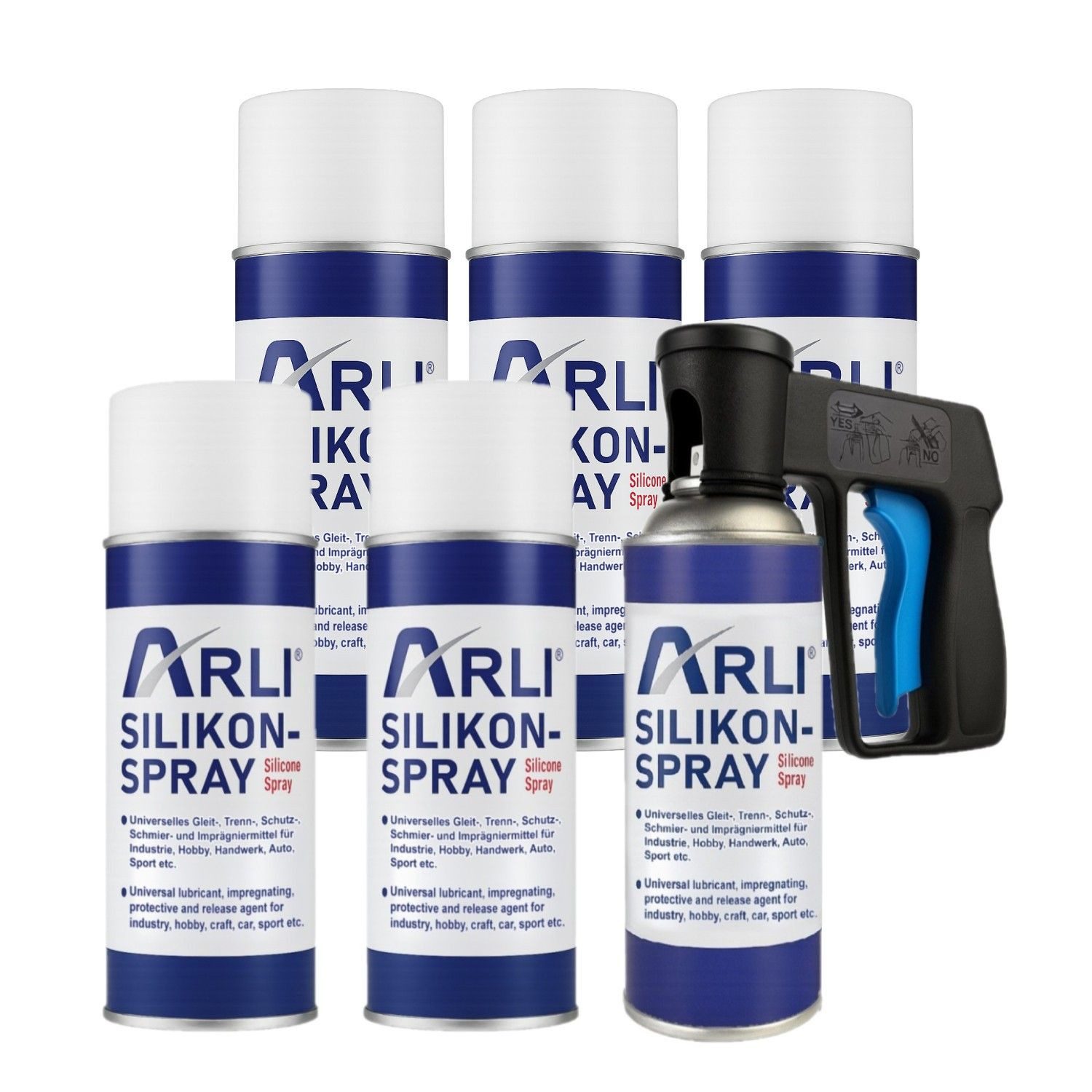 ARLI Silikonöl Silikon Spray 400 ml + Griff für Sprühdosen Set Gleit, (Set, 6-St., 6er Set), Trenn Schmier Schutzmittel