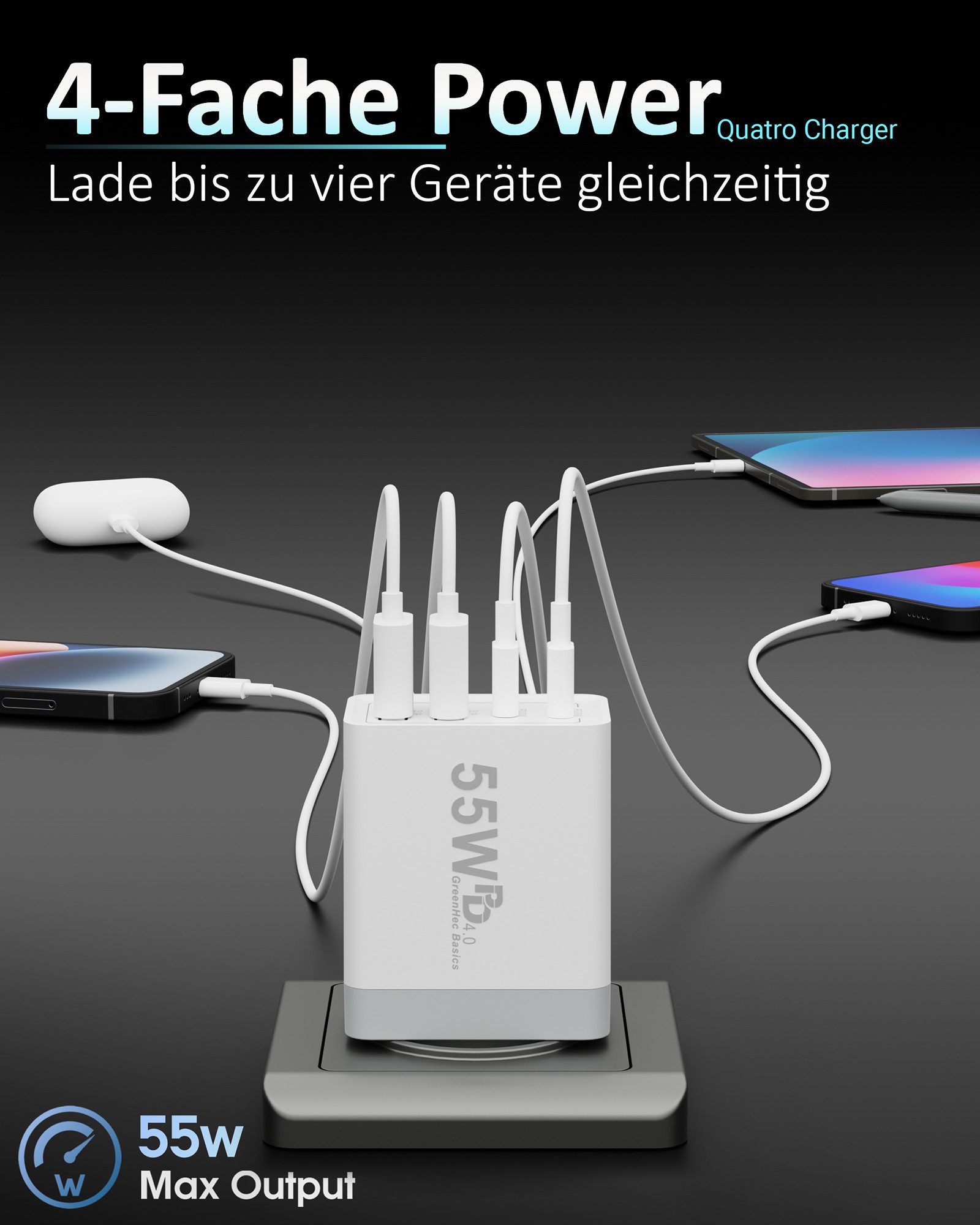 GreenHec Ladegerät USB-C iPhone mehrfach Charger Handy Stecker Adapter Netzteil Schnelllade-Gerät (0,00 mA, set, 55w Quatro Charger, iPhone 17 16 15 14 13 12 iPad Pro Max Air Plus, Schnell, 55w Multiport)