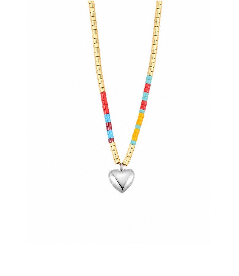 Hey Happiness Charm-Kette mit Herz-Anhänger aus Edelstahl, Damen-Halskette, Perlen-Kette für Sommer-Outfits