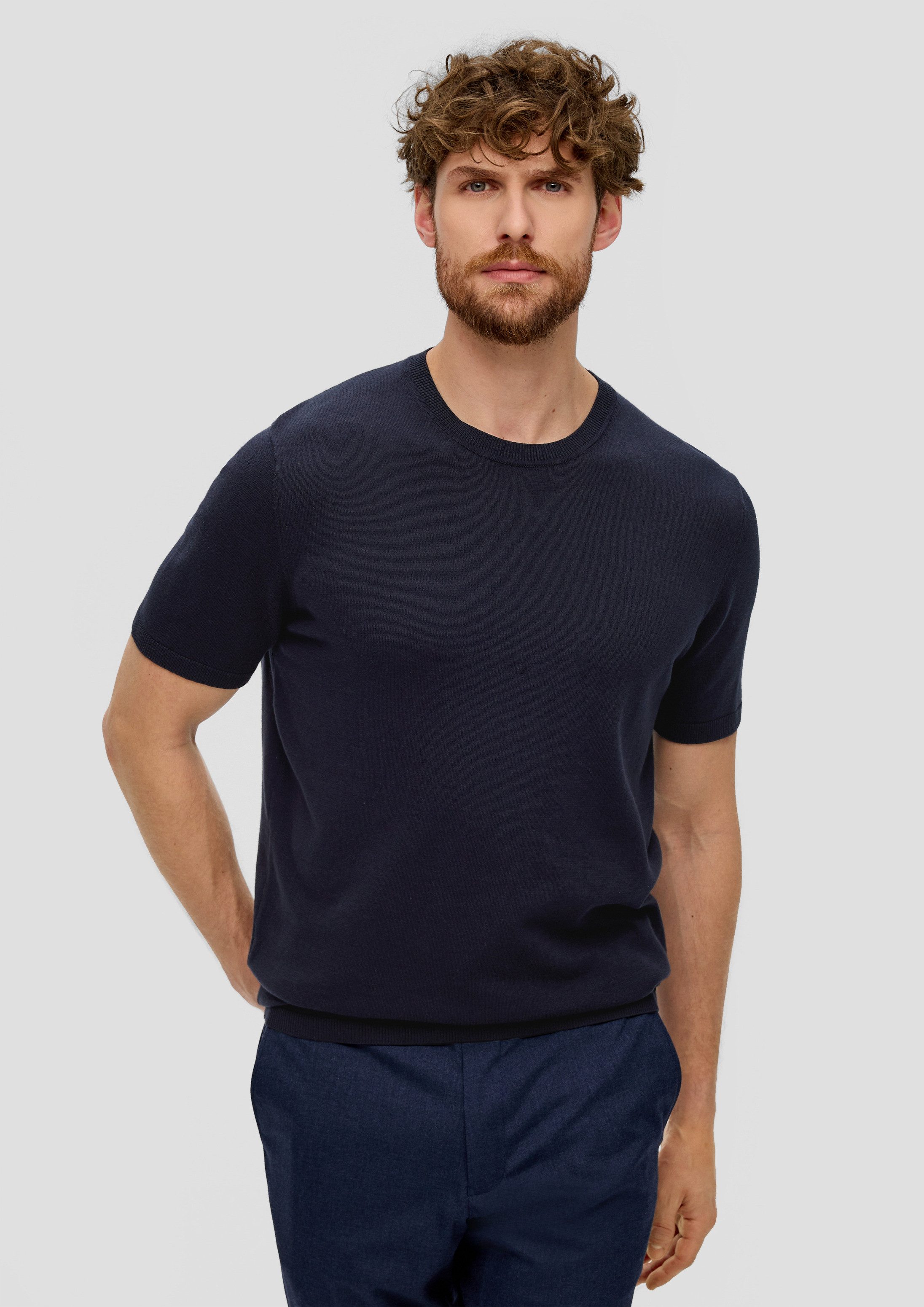s.Oliver Kurzarmshirt Strickpullover Fein gestricktes T-Shirt mit Rippblende