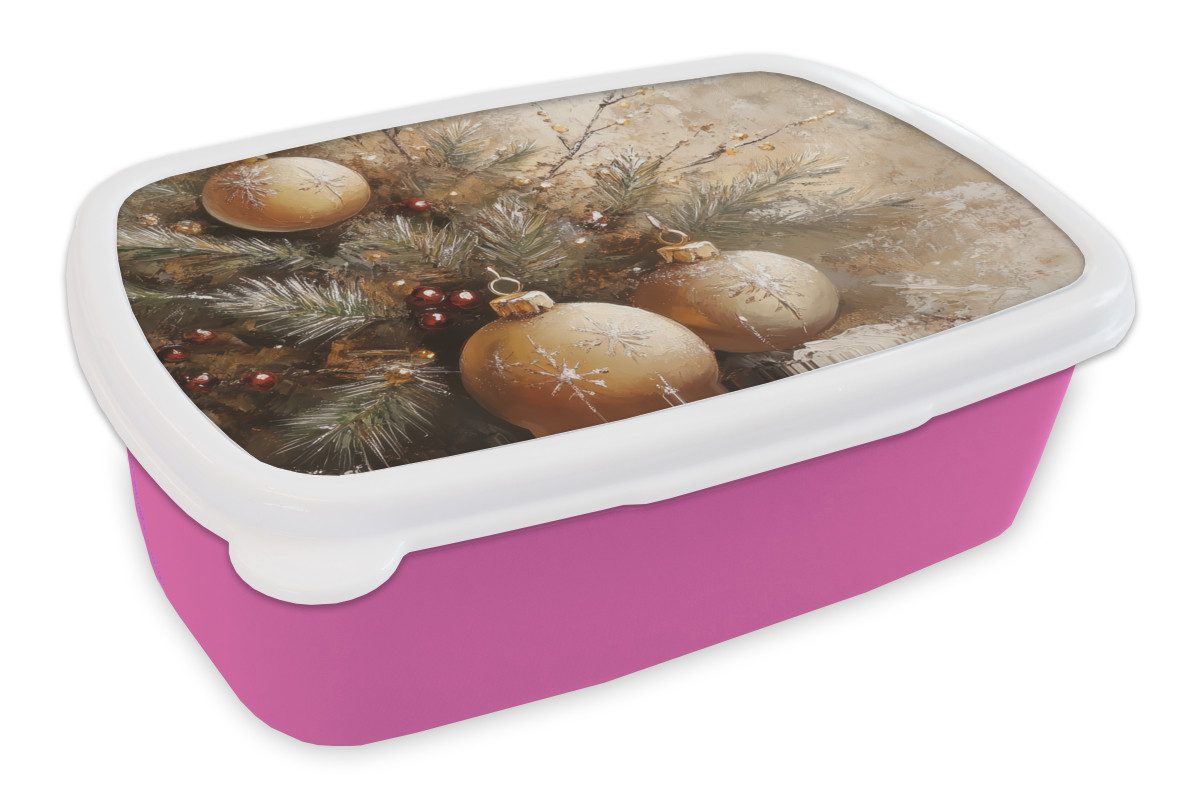 MuchoWow Lunchbox Weihnachten - Kugeln - Beige - Gold, Kunststoff, (2-tlg), Brotdosen, Lunch Box, Brotbox für Kinder und Erwachsene