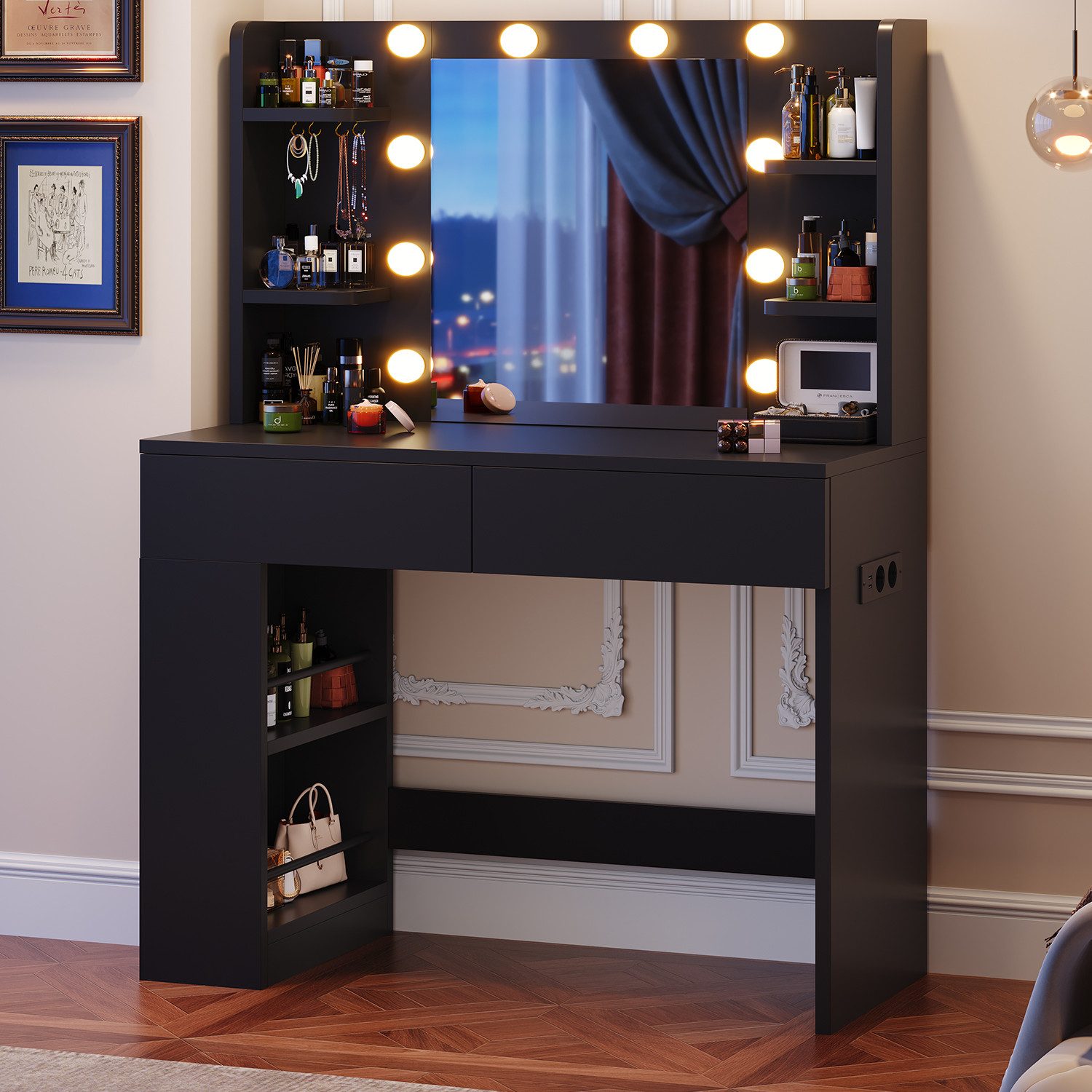 HOMALL Schminktisch Mit dreifarbiger LED-Beleuchtung, Helligkeit einstellbar (Länge × Breite × Höhe) 90 × 40 × 137 cm, mit Steckdose und 2 USB-Anschlüssen, seitliche Schränke links und rechts austauschbar, 8 offene Ablagefächer, 2 Schubladen, 4 Schmuckhak