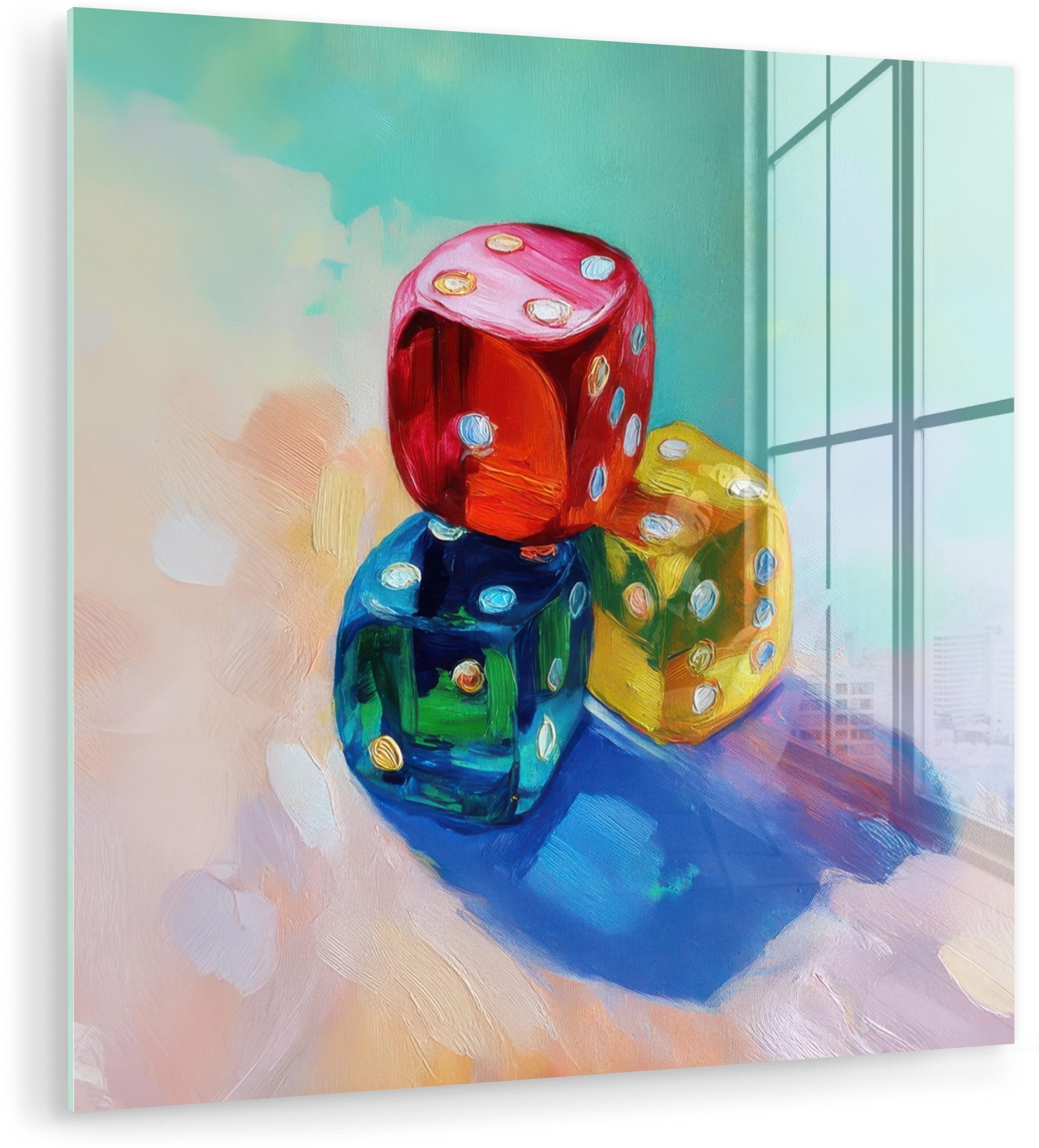 MuchoWow Acrylglasbild Würfel - Bunt - Zahlen - Punkte, Inkl. Aufhängung, Bilder auf Glas Wandbild, Wanddeko Wohnzimmer Badezimmer, 20x20 cm