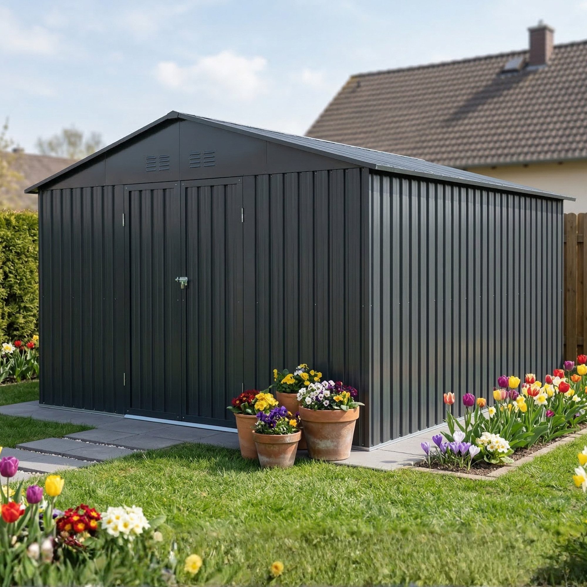 Albatros International Gerätehaus Gerätehaus 5XL abschließbar inkl. Schloss & Haken, Gartenhaus, BxT: 339.6x375.3 cm, (Anthrazit (RAL 7016), 339,6x375,3x199,6cm), aus verzinktem wetterfestem Metall