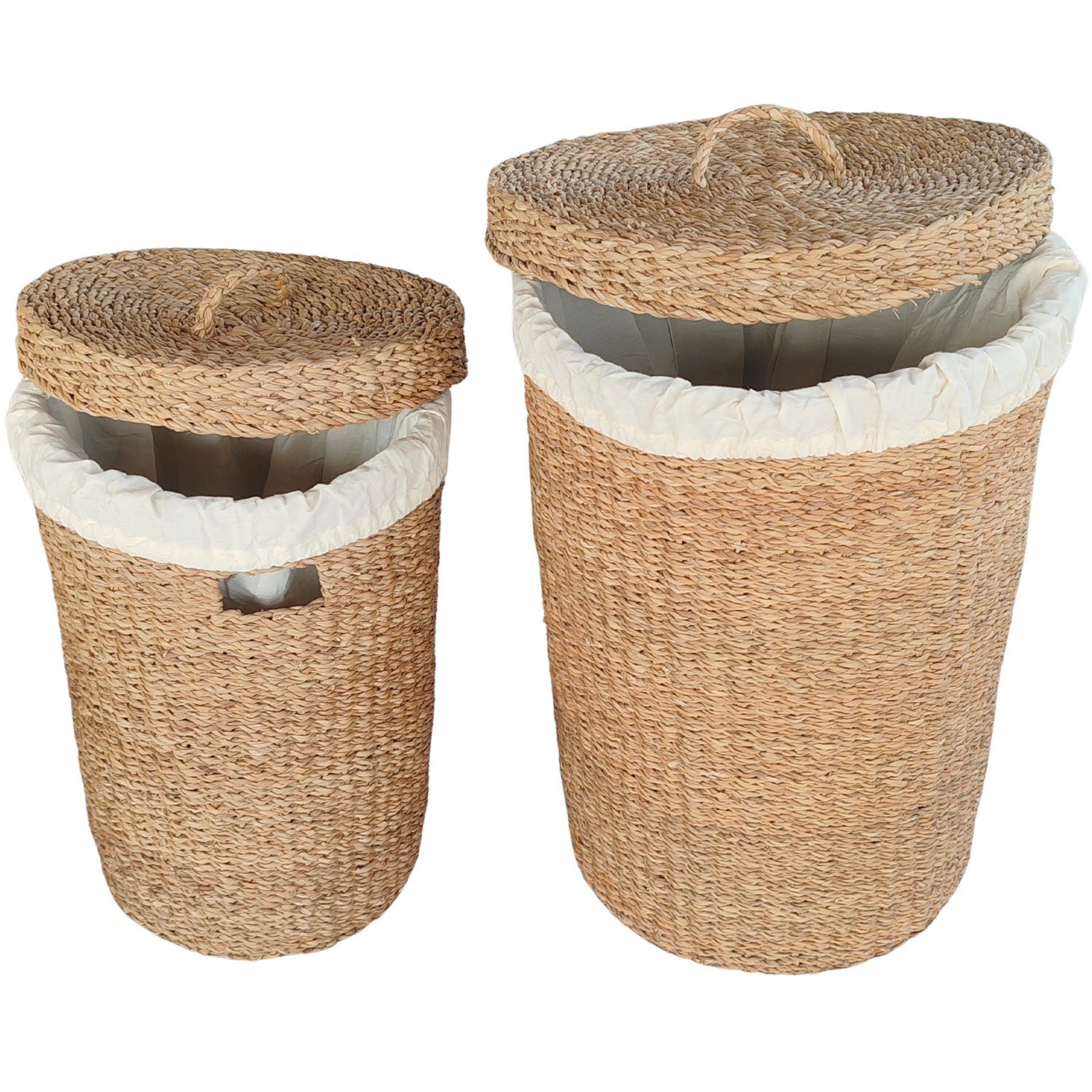 Casa Moro Wäschekorb mit Deckel aus Seegras, rund, 38/75 L (Set, 2 St., S: Ø 32 x H 52 cm, M: Ø 42 x H 60 cm), Handgeflochten, Wäschebeutel herausnehmbar und bei 30 °C waschbar