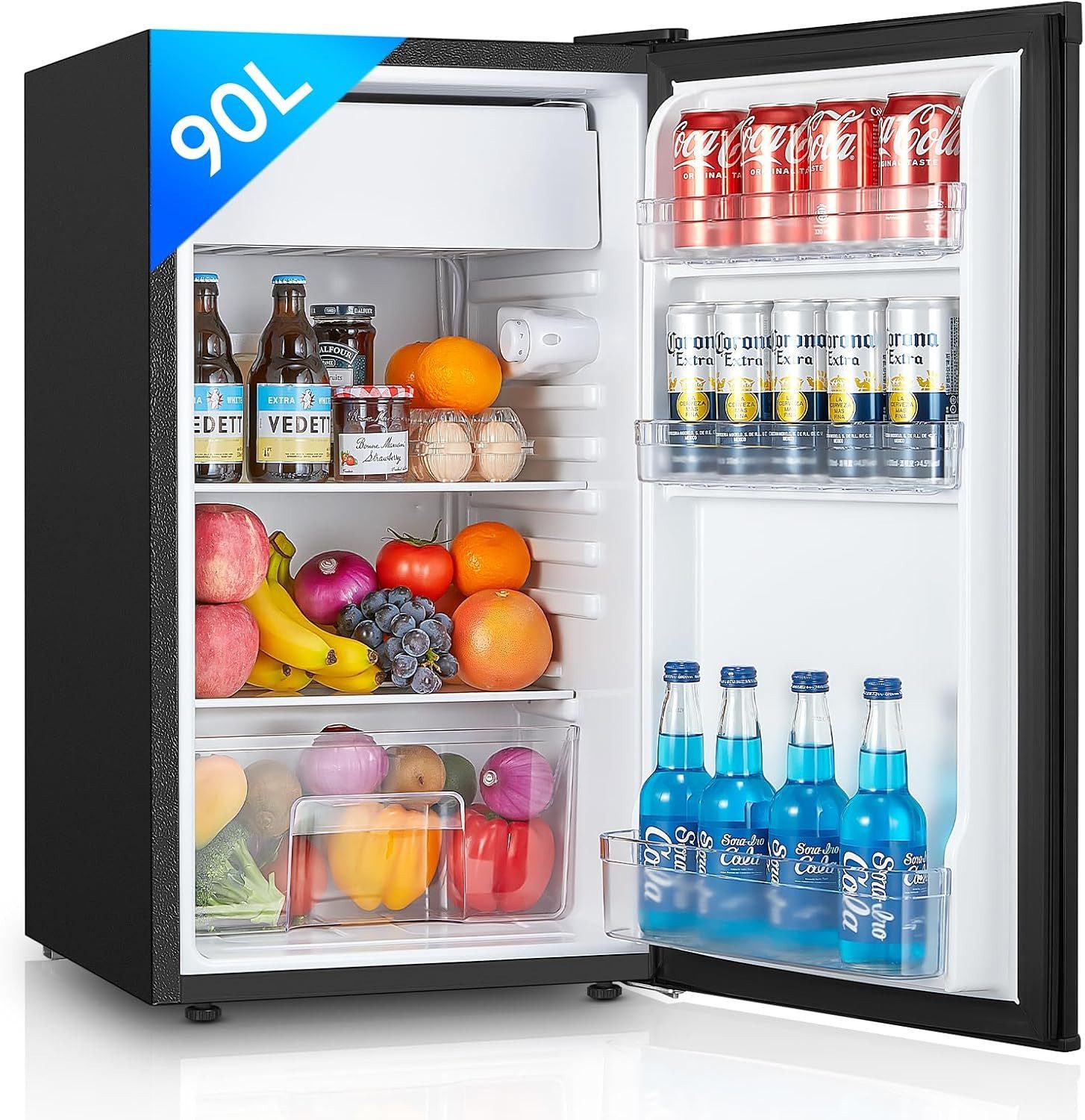 FOHERE Kühlschrank 90L, Kühl- und Gefrierfunktion, Gemüseschublade, 7 Einstellstufen BC-90, 43.5 cm hoch, 79 cm breit