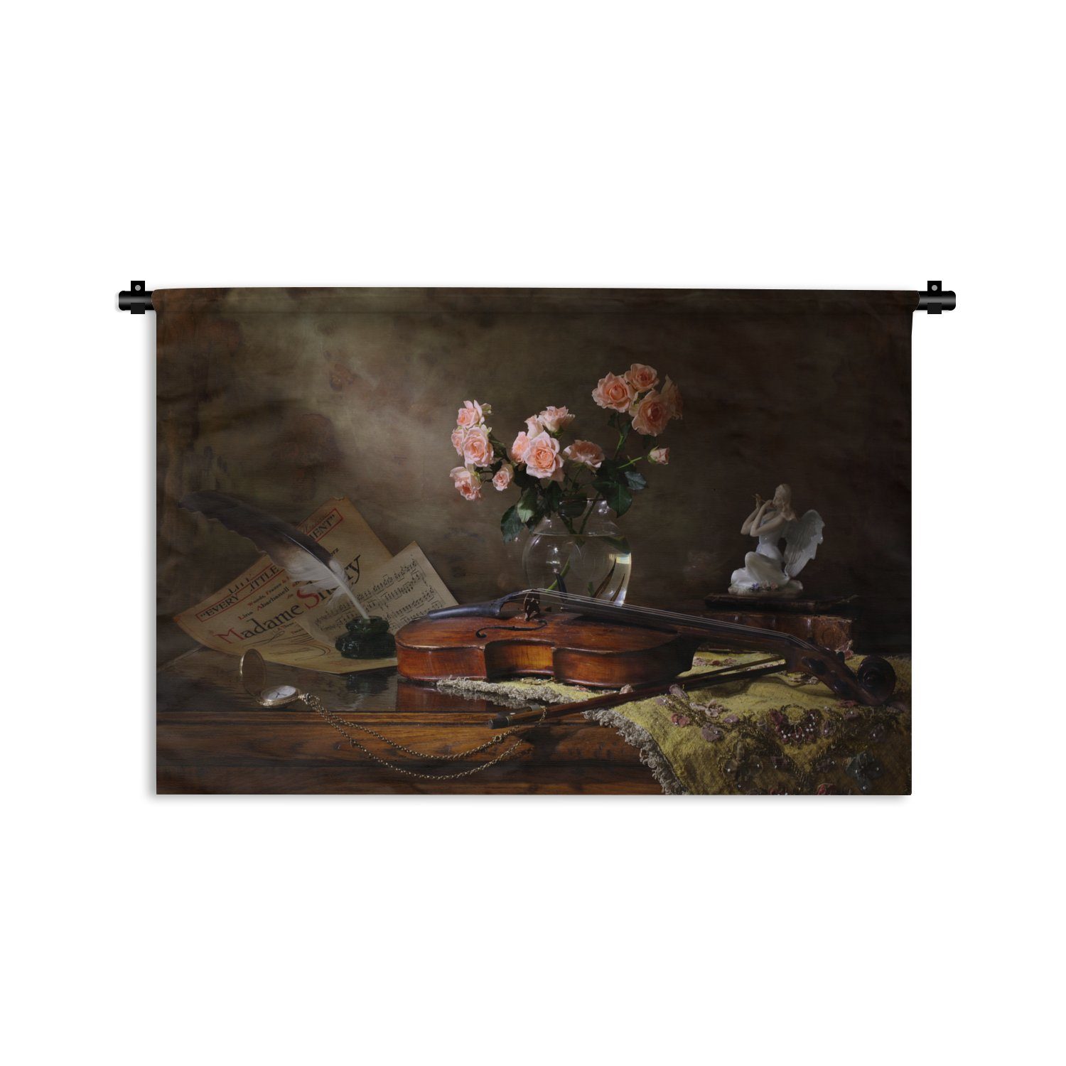 MuchoWow Wanddekoobjekt Violine - Rosen - Rosa - Blumen - Stilleben, Wanddeko für Wohnzimmer, Schlafzimmer, Kleid, Wandbehang, Kinderzimmer | Wandobjekte