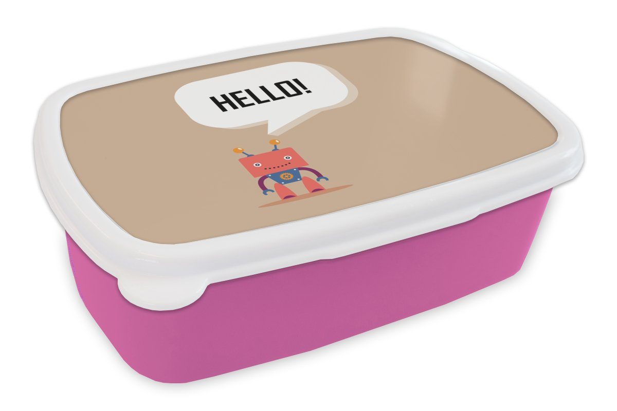 MuchoWow Lunchbox Sprichwörter - Zitate - Hallo! - Roboter - Zahnrad - Kinder, Kunststoff, (2-tlg), Brotbox für Erwachsene, Brotdose Kinder, Snackbox, Mädchen, Kunststoff rosa