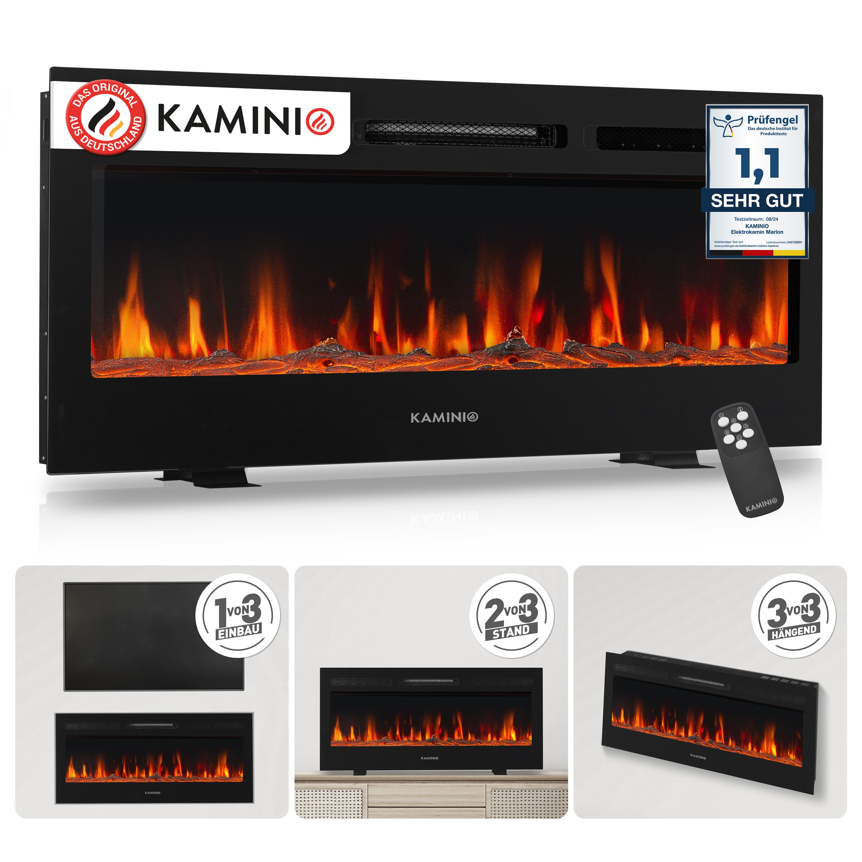 KAMINIO Elektrokamin MARLON, 3in1 Kamin: Elektrischer Stand-, Wand- und Einbaukamin, Heizung 1800W