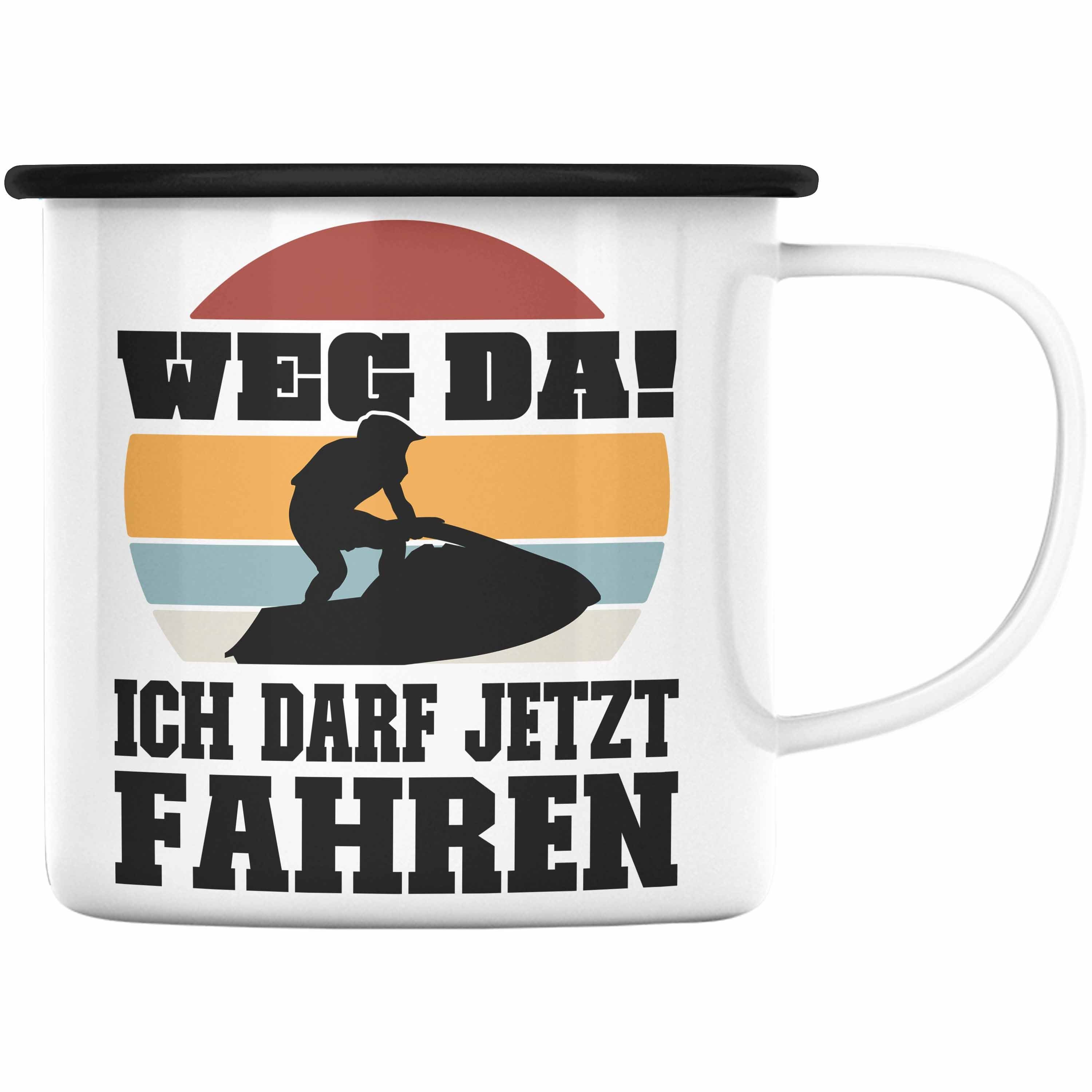 Trendation Thermotasse Trendation - Jetski Emaille Tasse Geschenk mit Spruch Jetski Sprüche Jetskifahrer Schwarz