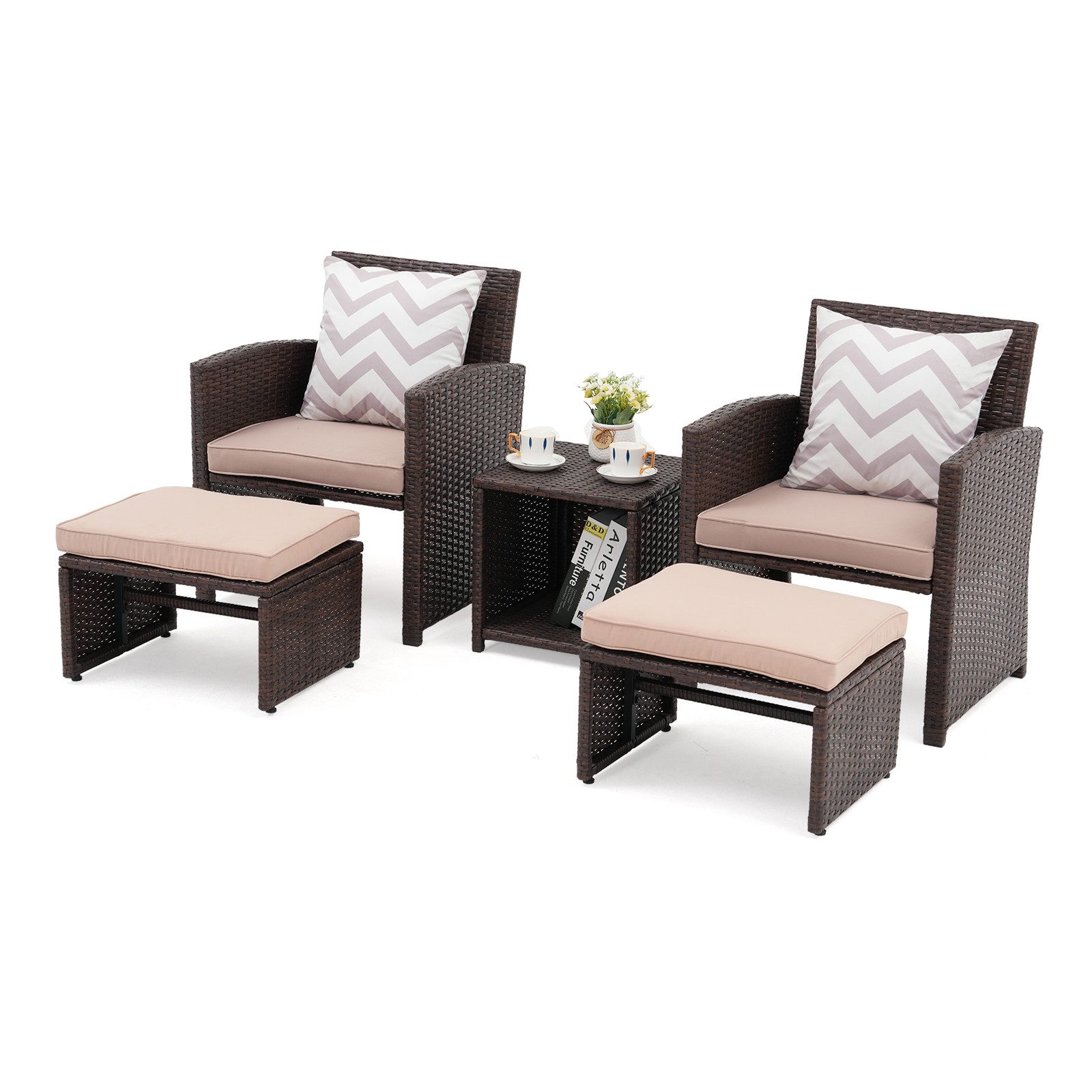 JOIVI Balkonset 5-tlg Garten Unterhaltung Set, (Balkon Möbel Set mit Kissen, brauner Rattan-Sessel mit Hocker&Couchtisch), für Garten, Hinterhof und Veranda (Beige)