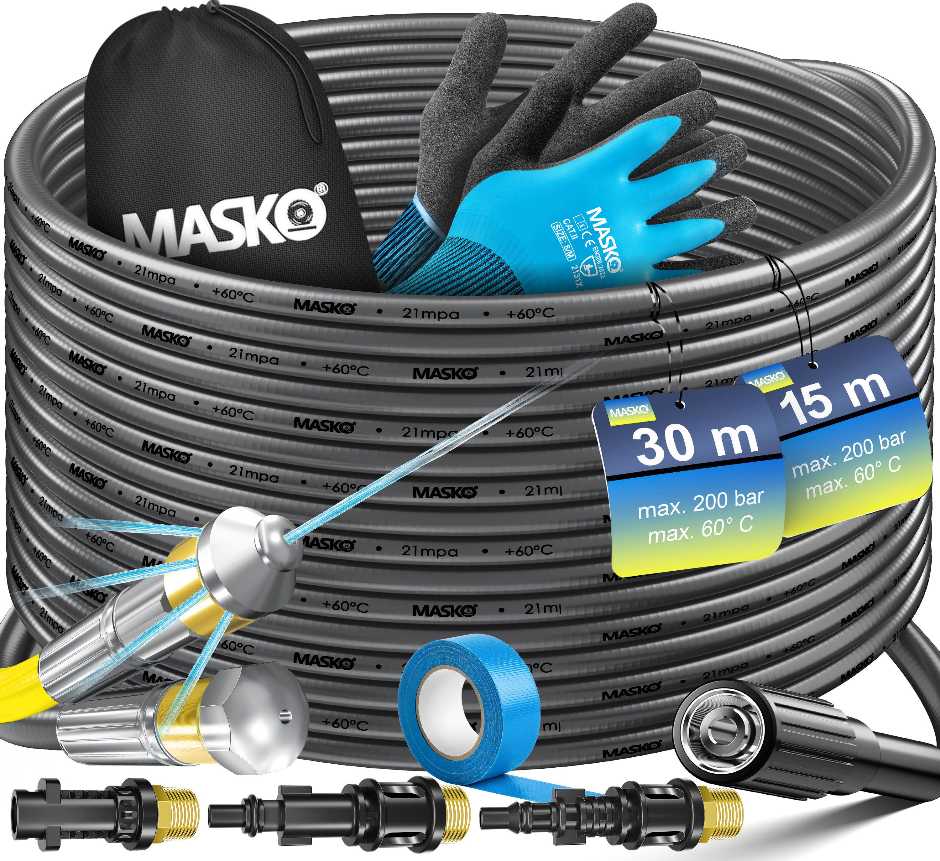 MASKO Hochdruckschlauch, Premium Rohrreinigungsschlauch Set Abflussreiniger 200 bar