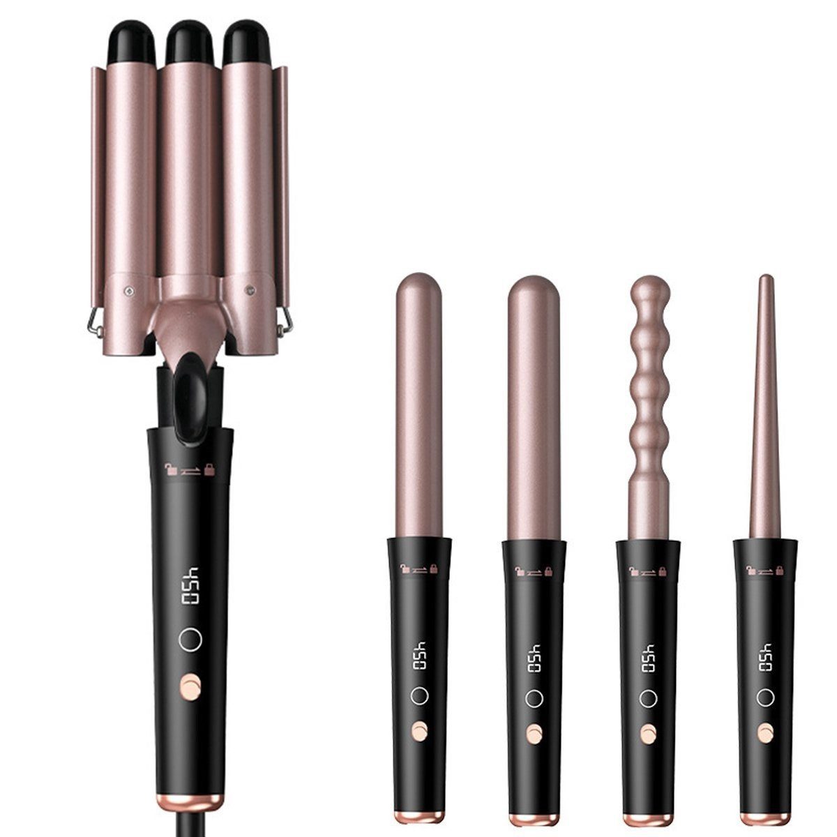 Welikera Lockenstab 5 in 1 Haarbürste mit 4 Temperaturstufen,LCD-Display,360° Drehung