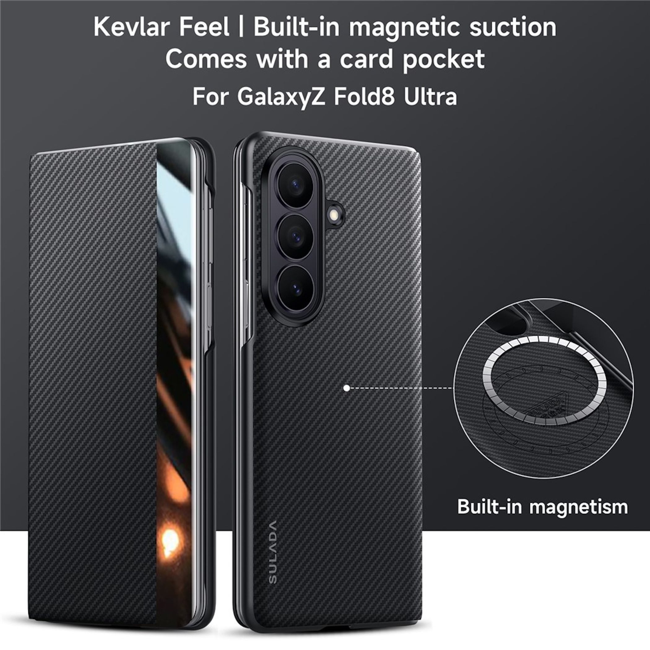 Wigento Handyhülle SULADA Smart View Samsung Galaxy Z Fold8 5G Magnetisch Carbon Schwarz 7,6 Zoll und 5,5 Zoll, View Window, Auto Wake Sleep, magnetische Kompat – Bild 3 von 5