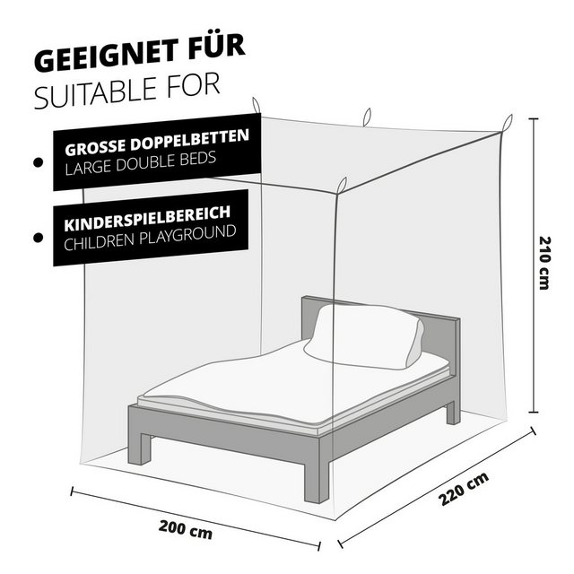 Lumaland Moskitonetz Mückennetz – Fliegennetz – Einzel & Doppelbett, 220x200x210cm In- & Outdoor waschbar