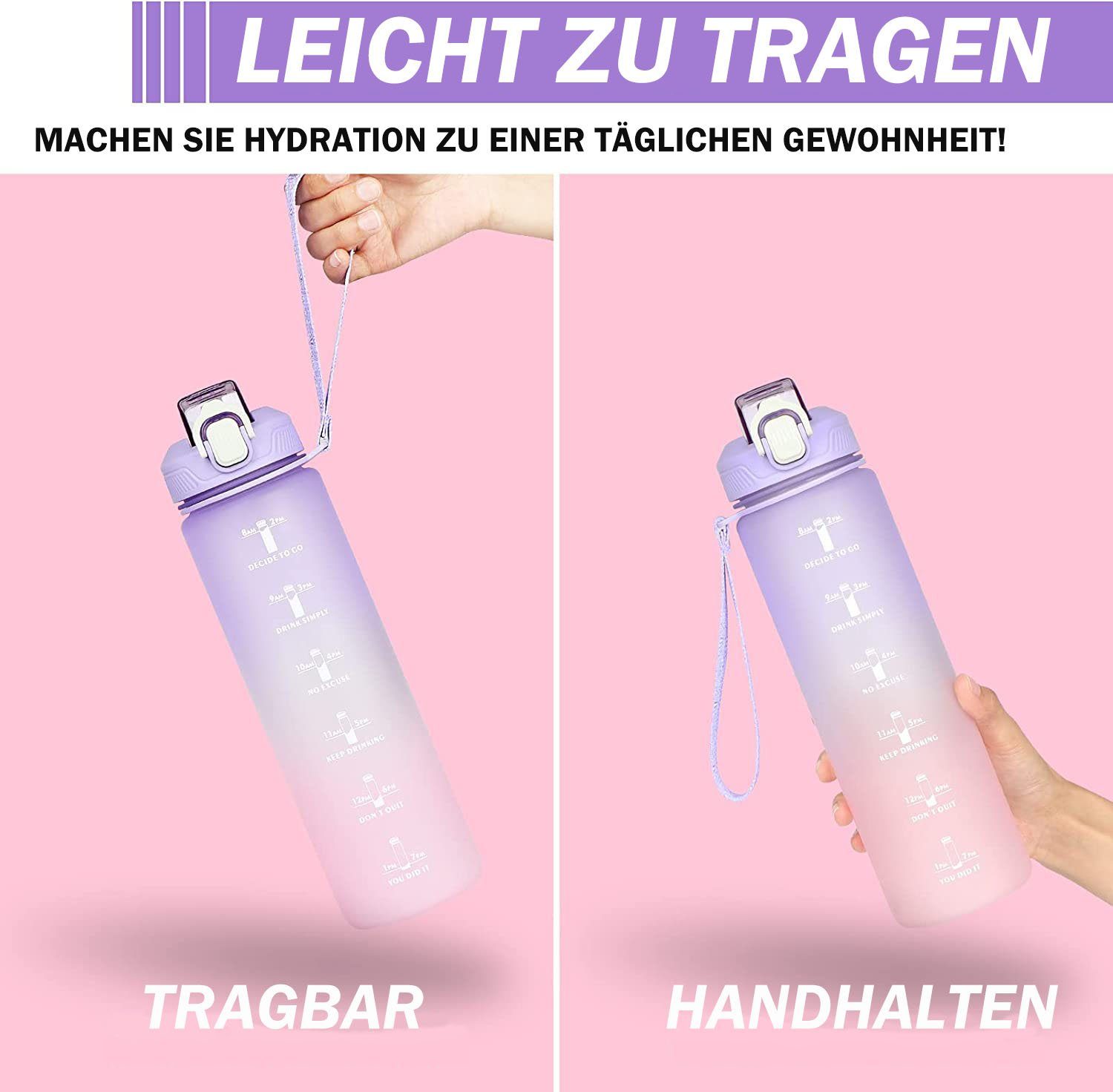 Trinkflasche Purple zggzerg Strohhalm und Trinkflasche Wasserflasche, mit Zeitmarkierung 1L