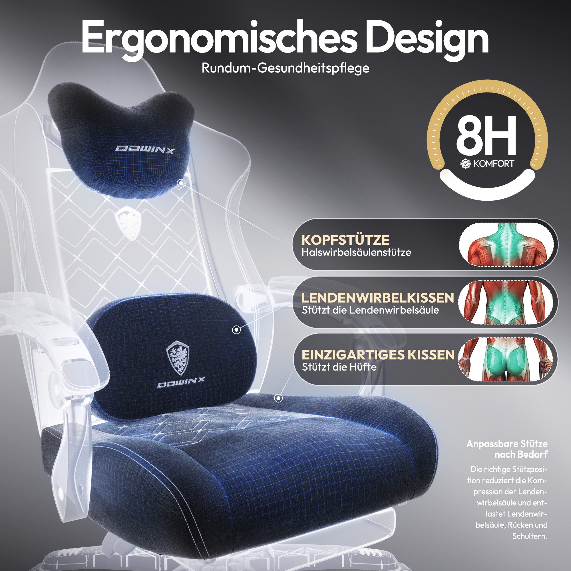 Dowinx Gaming-Stuhl Bürostuhl mit Beheizter Massage Lendenwirbelstütze (Packung), Gamer Stuhl Stoff mit Tasche Frühling Kissen und Fußstütze – Bild 3 von 5