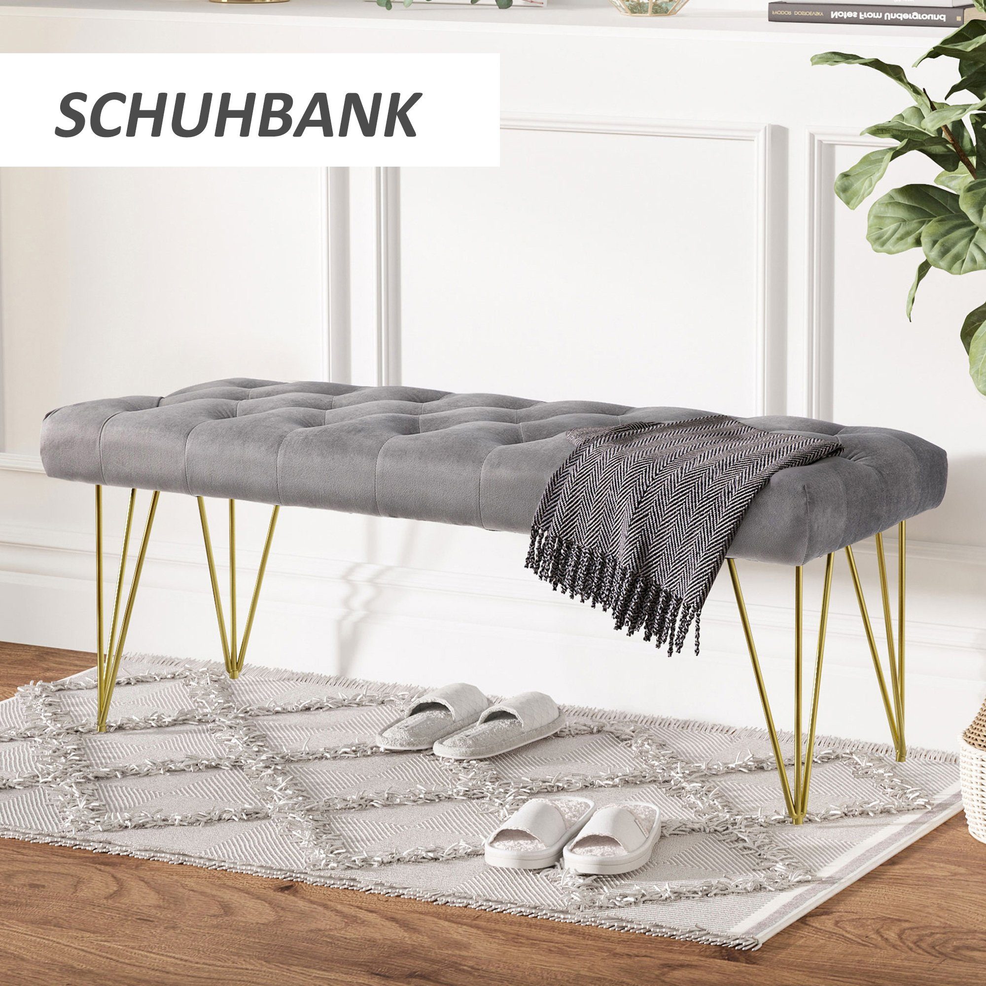 HOMCOM Sitzbank Schuhbank mit Samtoptik (Bettbank, 1-St., Polyesterbank), Grau 116 x 44,5 x 49 cm