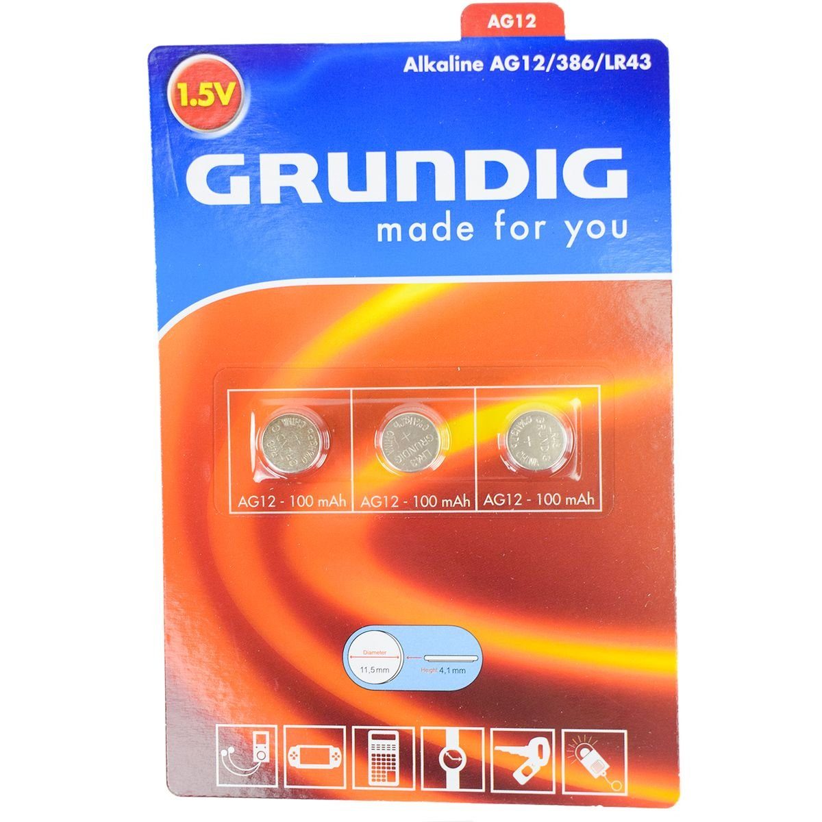 Marabellas Shop Grundig Knopfzellenbatterien 3-tlg. Alkaline, Lithium und Hearing Aid Batterie, (3 St), universell einsetzbar AG12 (386/LR43)