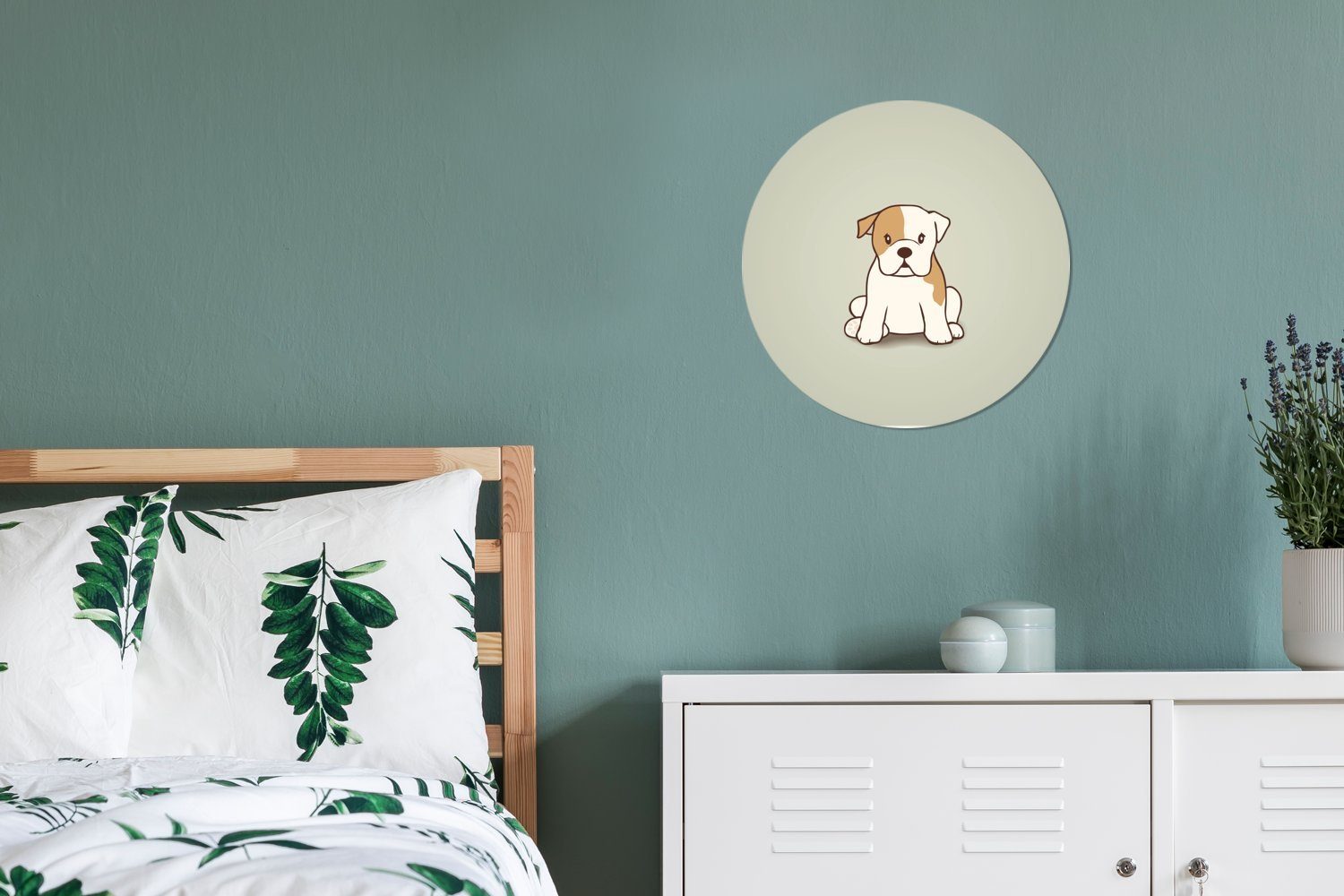 Bulldoggenwelpen (1 eines Tapetenaufkleber, MuchoWow Eine für Rund, Tapetenkreis Wandsticker Wohnzimmer Illustration Kinderzimmer, St),