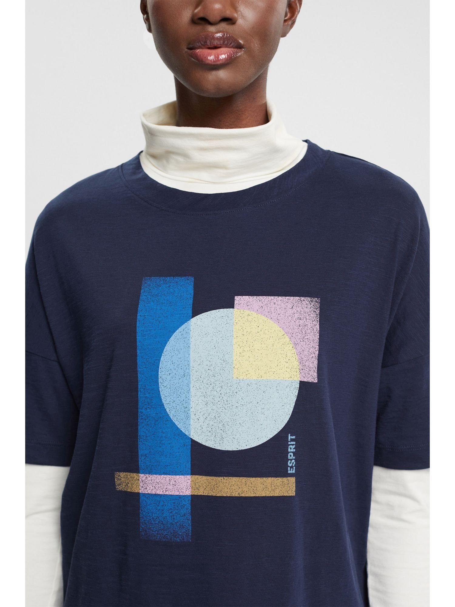 Esprit Langarmshirt Baumwoll-T-Shirt mit NAVY Print geometrischem (1-tlg)