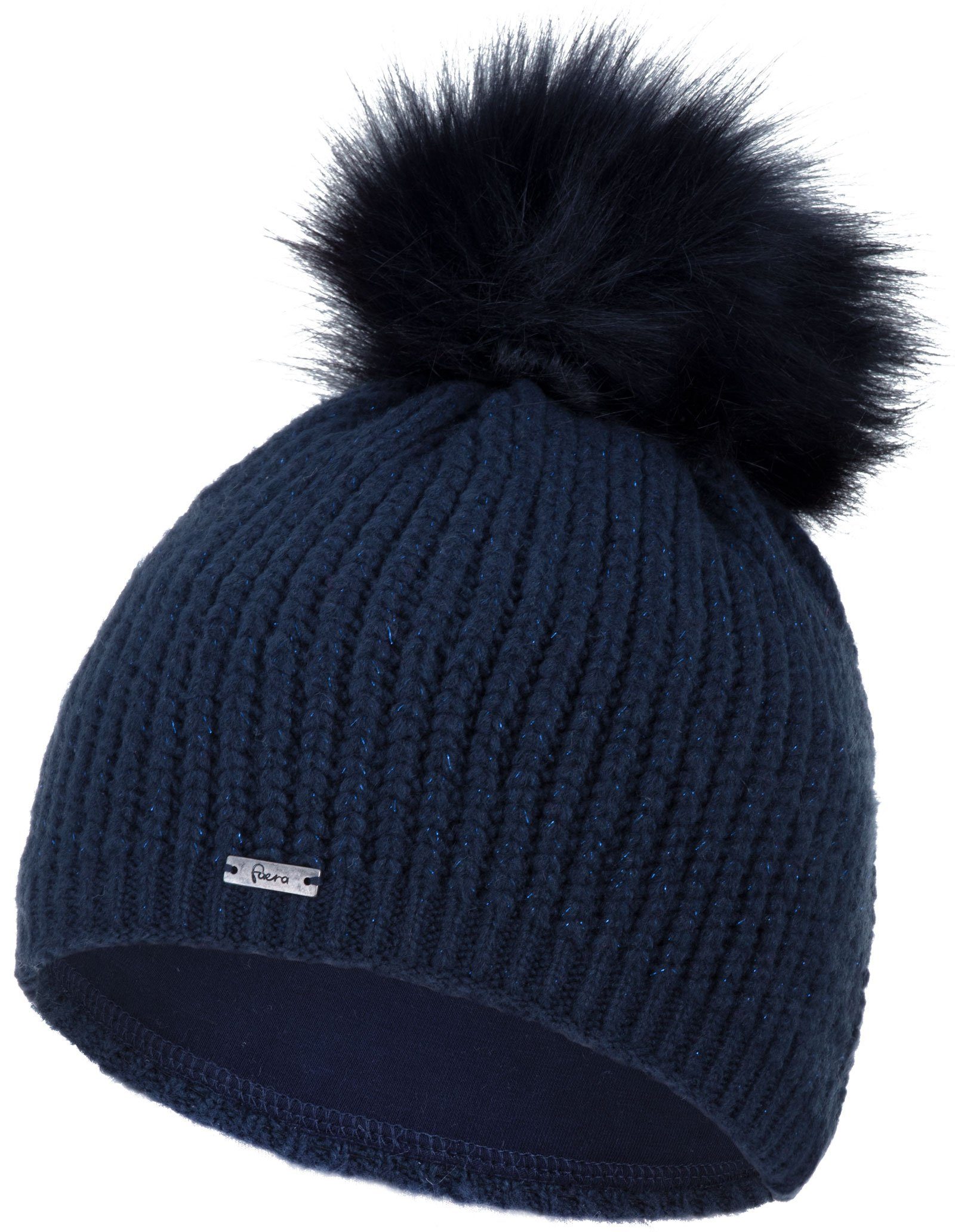 Faera Strickmütze Winter Wintermütze marineblau gefüttert Damen Beanie Glitzer Bommelmütze (1-St)