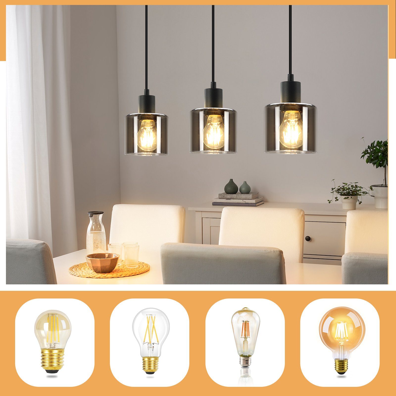 Nettlife Pendelleuchte Schwarz Vintage E27 Glas günstig online kaufen