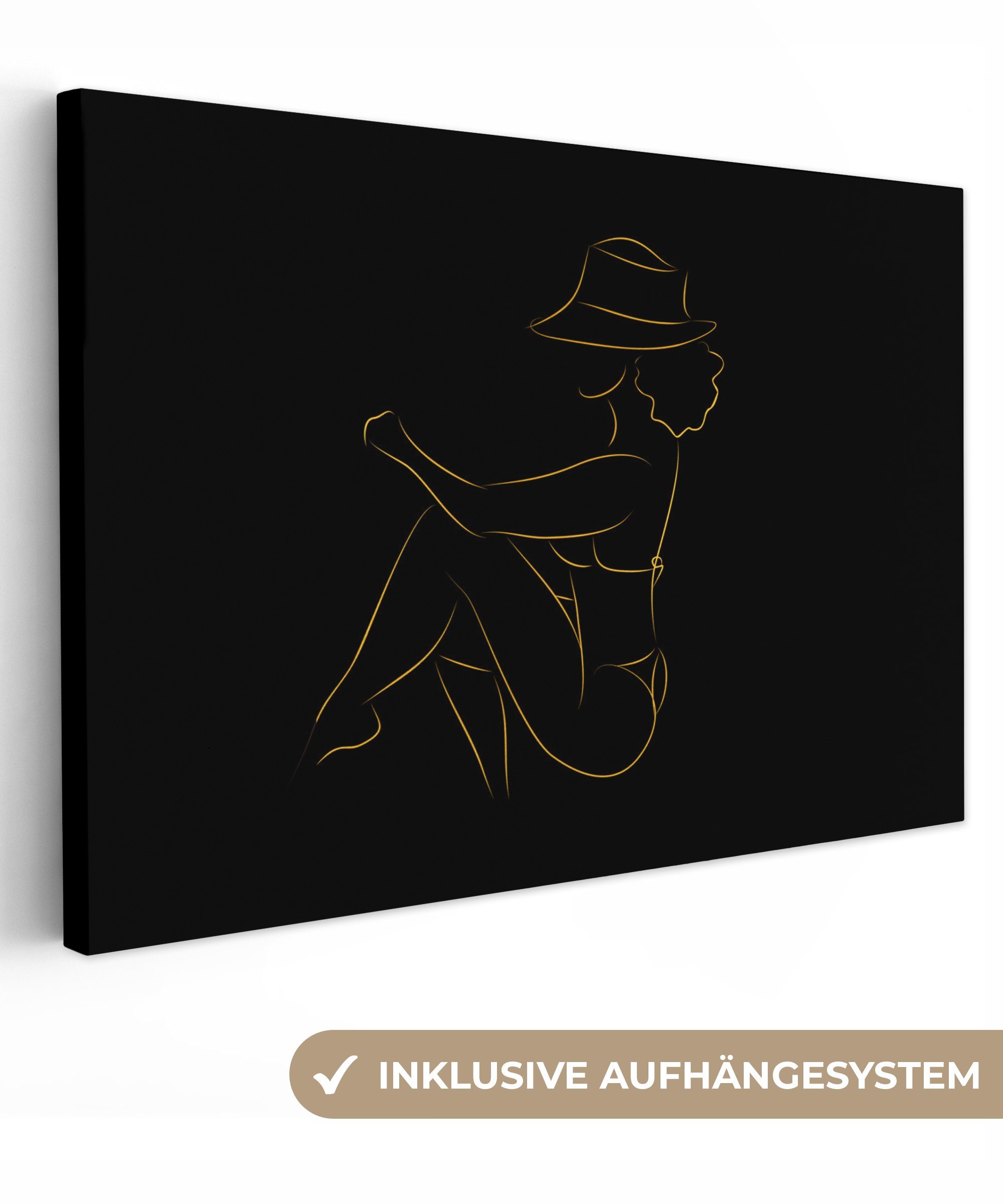 OneMillionCanvasses® Leinwandbild Frau - Hut - Gold - Strichzeichnung, (1 St), Wandbild Leinwandbilder, Aufhängefertig, Wanddeko, 30x20 cm