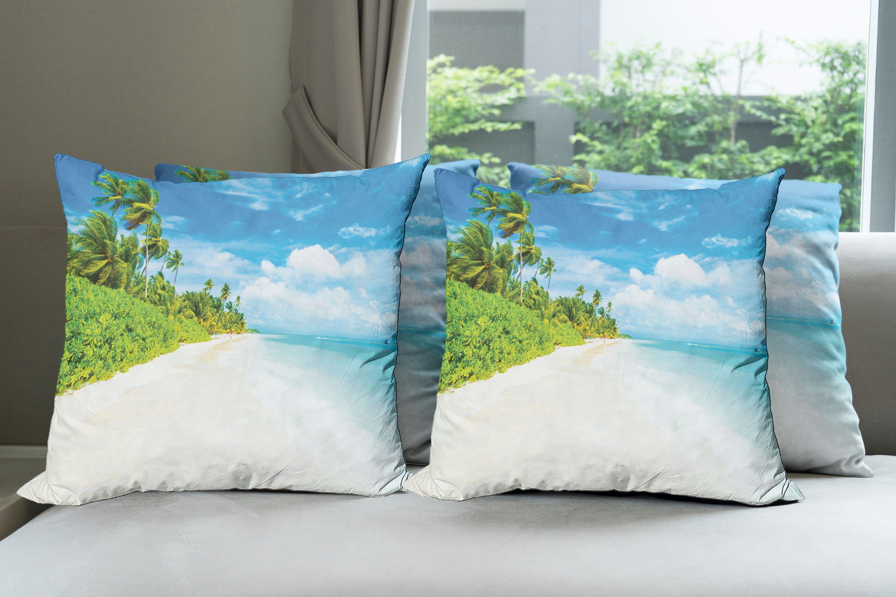 Exotische Abakuhaus Modern Ozean (4 Doppelseitiger Accent Digitaldruck, Stück), Strand Palmen Meer Kissenbezüge