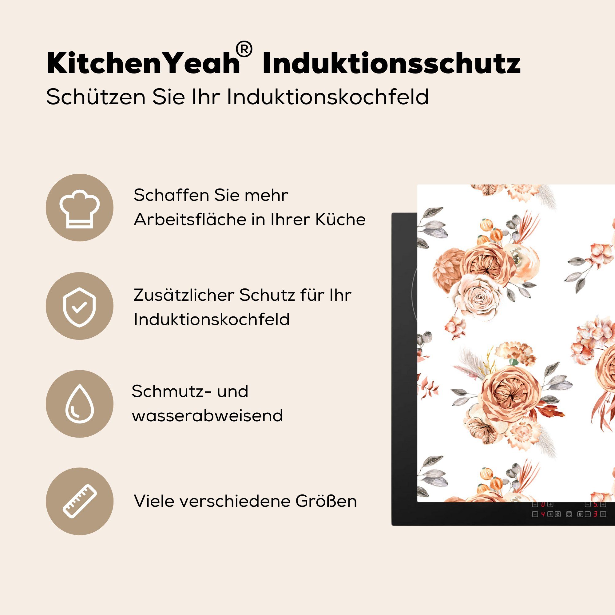MuchoWow Herdblende-/Abdeckplatte Rosen Schutz cm, - die (1 küche, Ceranfeldabdeckung Vinyl, - 81x52 Induktionskochfeld Braun, für tlg), Bohème