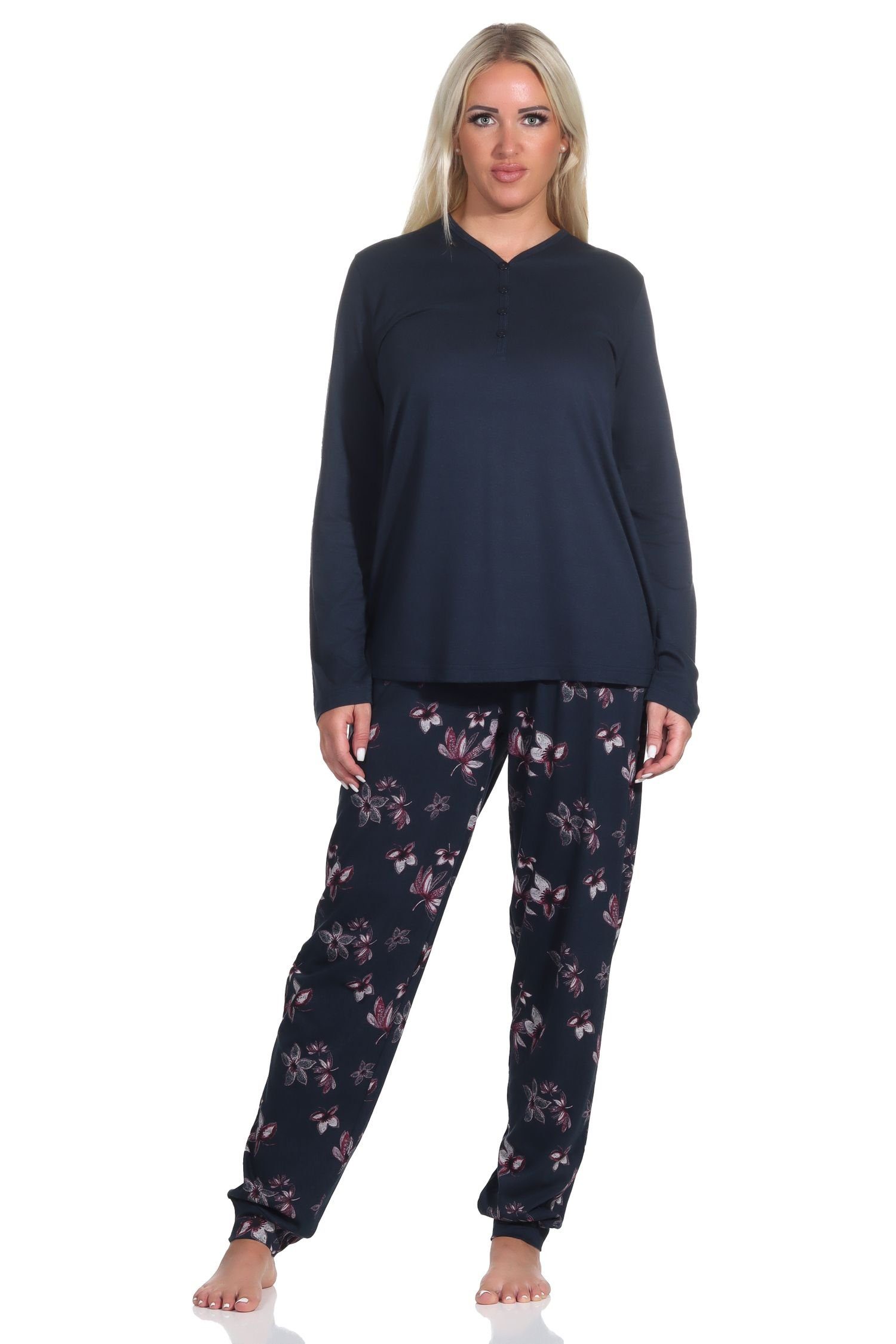 Normann Pyjama marine Design - in Übergrößen Damen auch in floralem Schlafanzug langarm