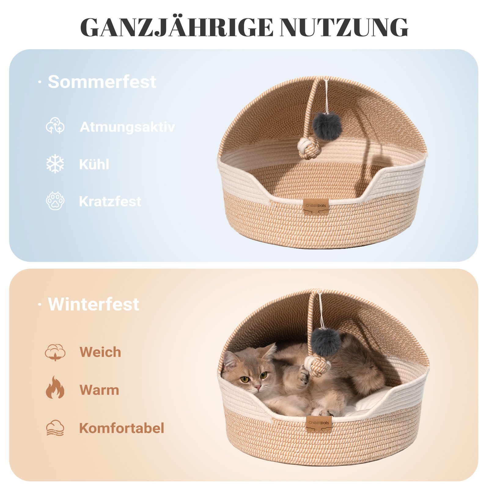 CheerPals Tierbett Geflochtene 2-in-1 Katzenhöhle & Katzenbett mit waschbarem Kissen, Vliesstoff/Polyester