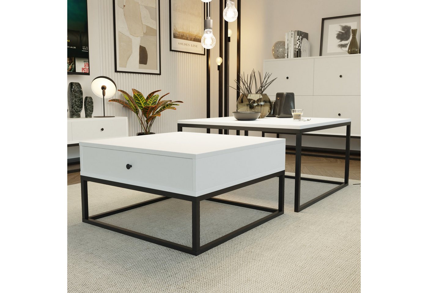 yourhouse24 Couchtisch Set ELEGANT 2-in-1 mit Schublade & Metallgestell – Industrial