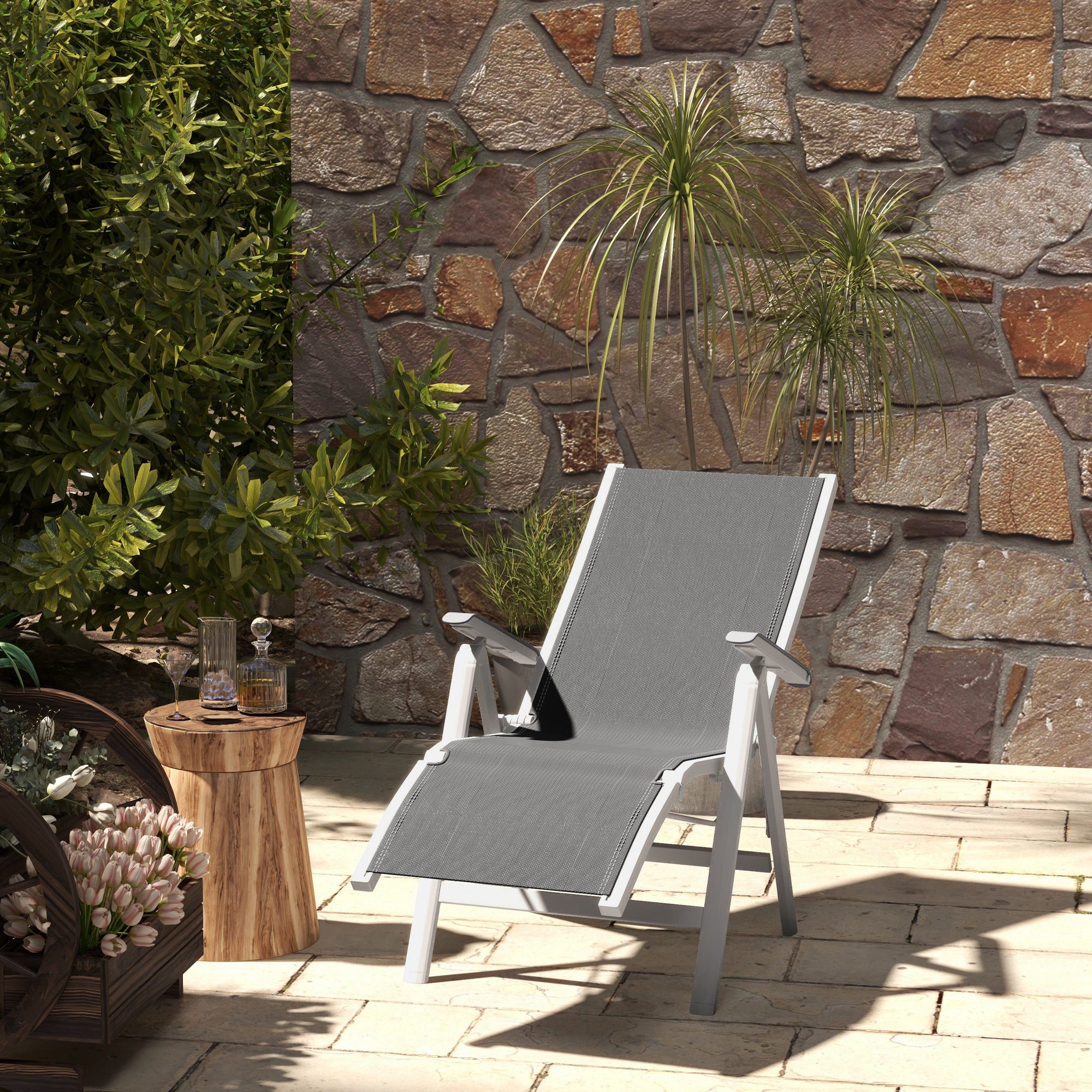 Outsunny Gartenliege Klappbare Campingliege, Liegestuhl, 1 St., Sonnenliege, für Terrasse, Balkon, Netz, Dunkelgrau, 62 x 96 x 108 cm