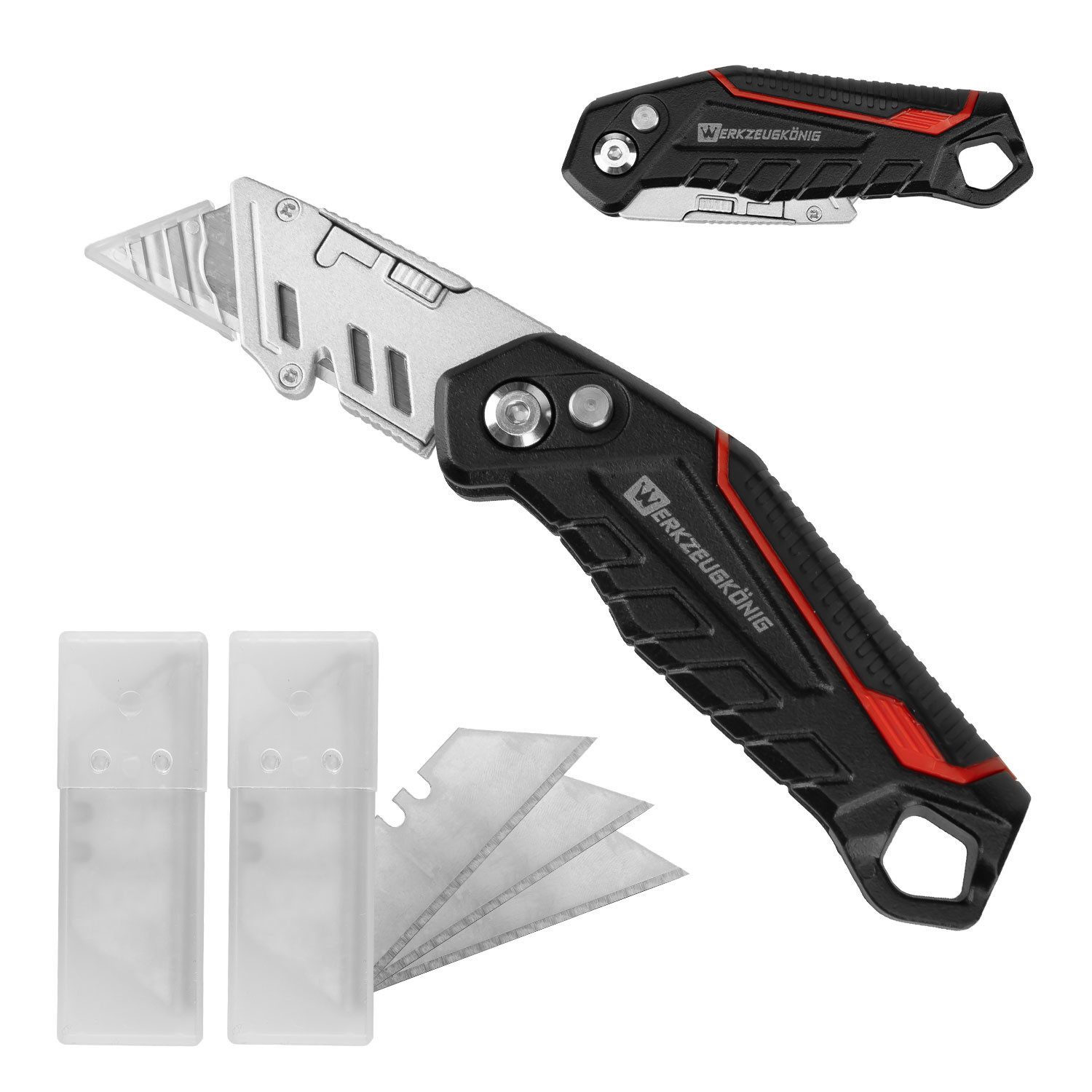 Werkzeugkönig Cuttermesser Werkzeugkönig Klappmesser + 20 Ersatzklingen, Klinge: 1,90 cm, integriertes Klingenmagazin - klappbar - Gürtelclip