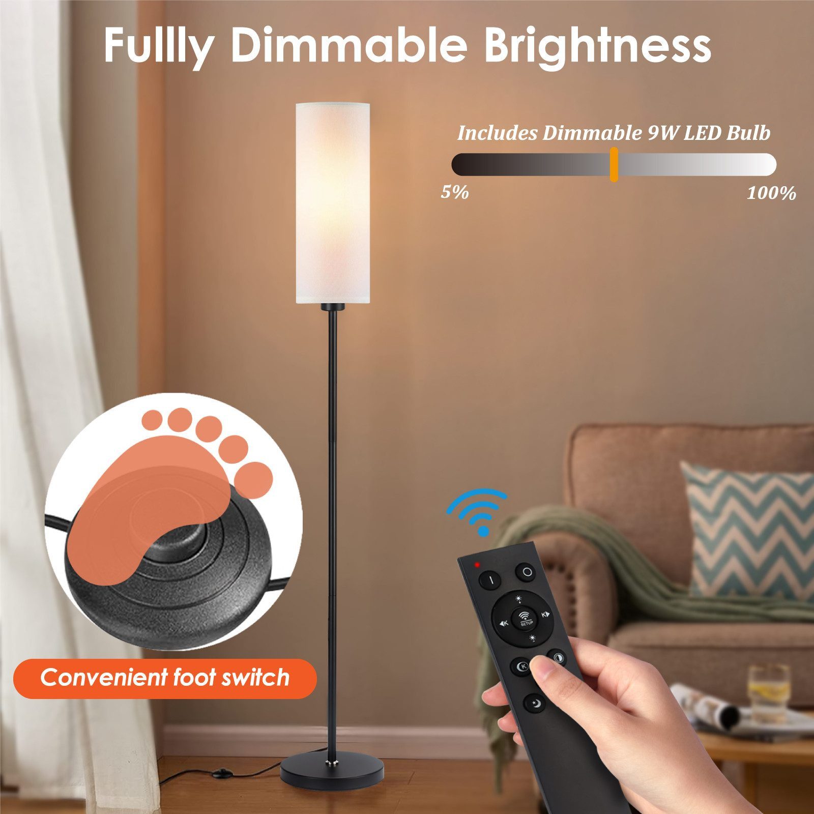 Ophy Stehlampe Stehlampe modern mit Fernbedienung – dimmbar, Fußschalter, inkl. 9 W LED, für Wohnzimmer & Raumecken – Bild 5 von 5