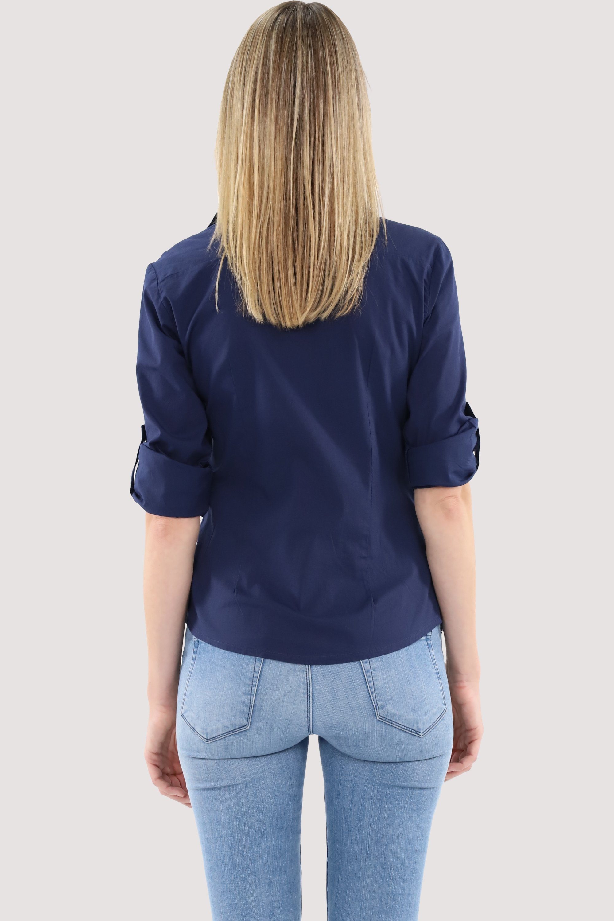 malito more dunkelblau 8030 Krempelärmeln Hemdbluse Fit fashion 3/4 mit Slim Blusenshirt than