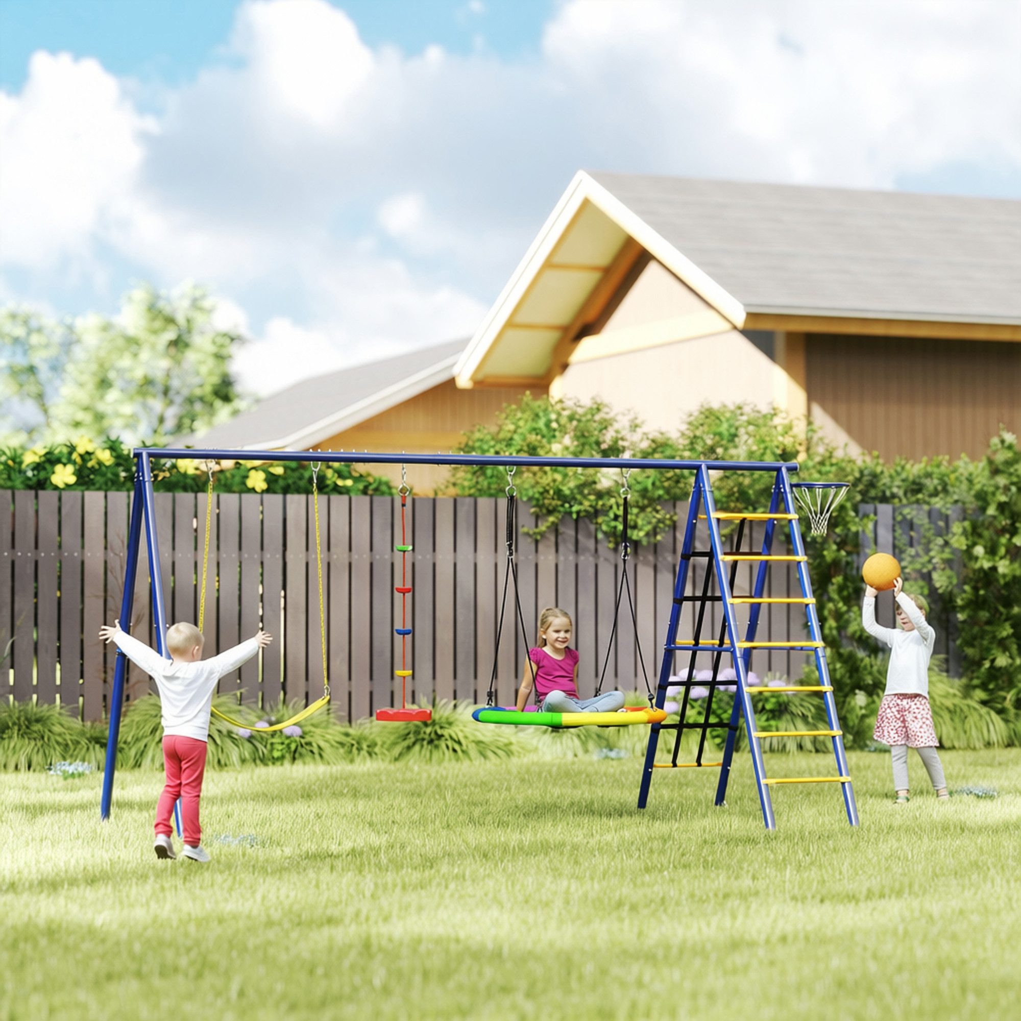 AIYAPLAY Schaukelgestell Kinderschaukel-Set 6 in 1 aus Stahl mit Gurtschaukel,Nestschaukel, (mit Kletterleiter, Netz, 1-tlg., robuste A-Rahmen-Gartenschaukel)