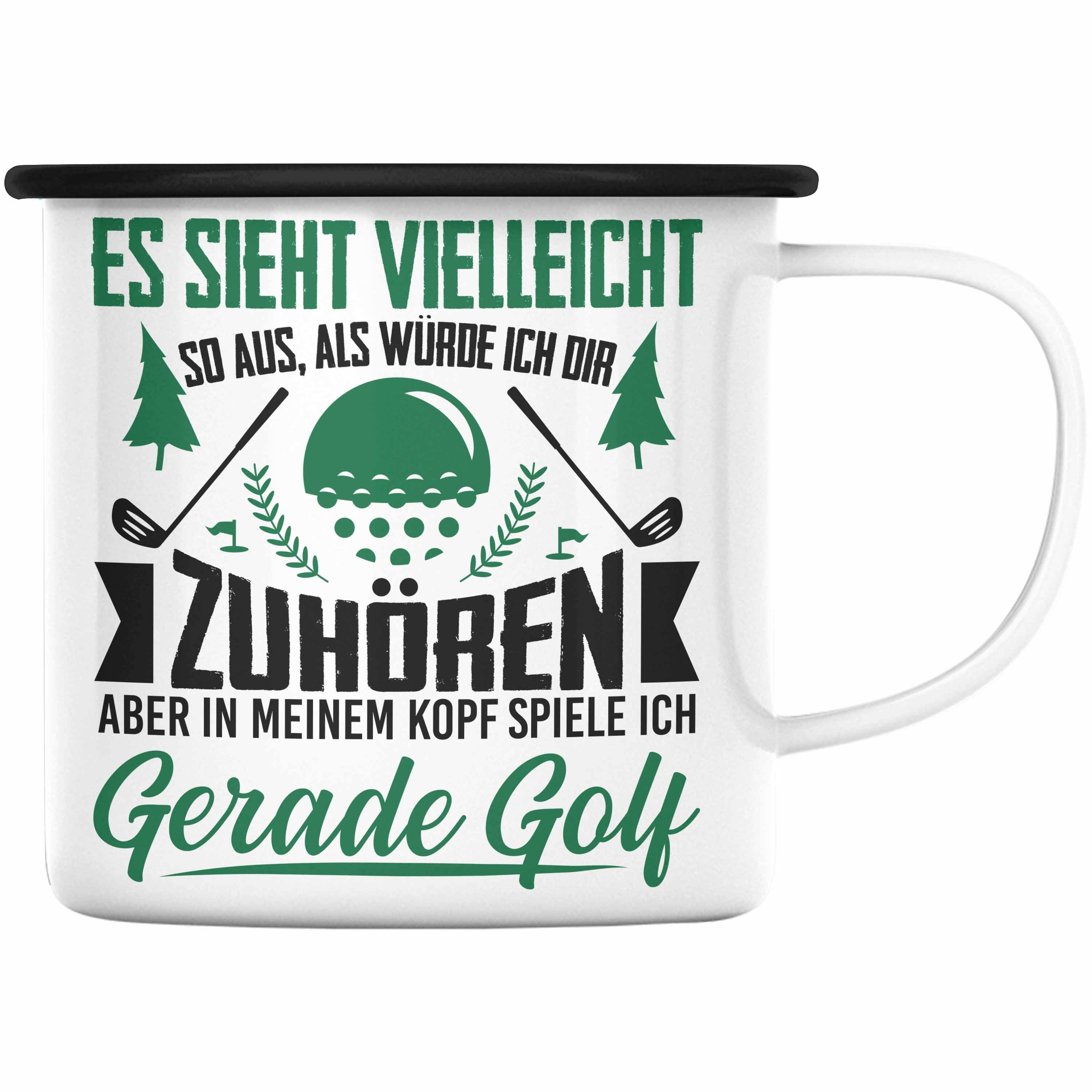 Trendation Thermotasse Trendation - Golfer Geschenk Golf Emaille Tasse mit Spruch - KaffeeEmaille Tasse für Golfer Geschenkidee Schwarz