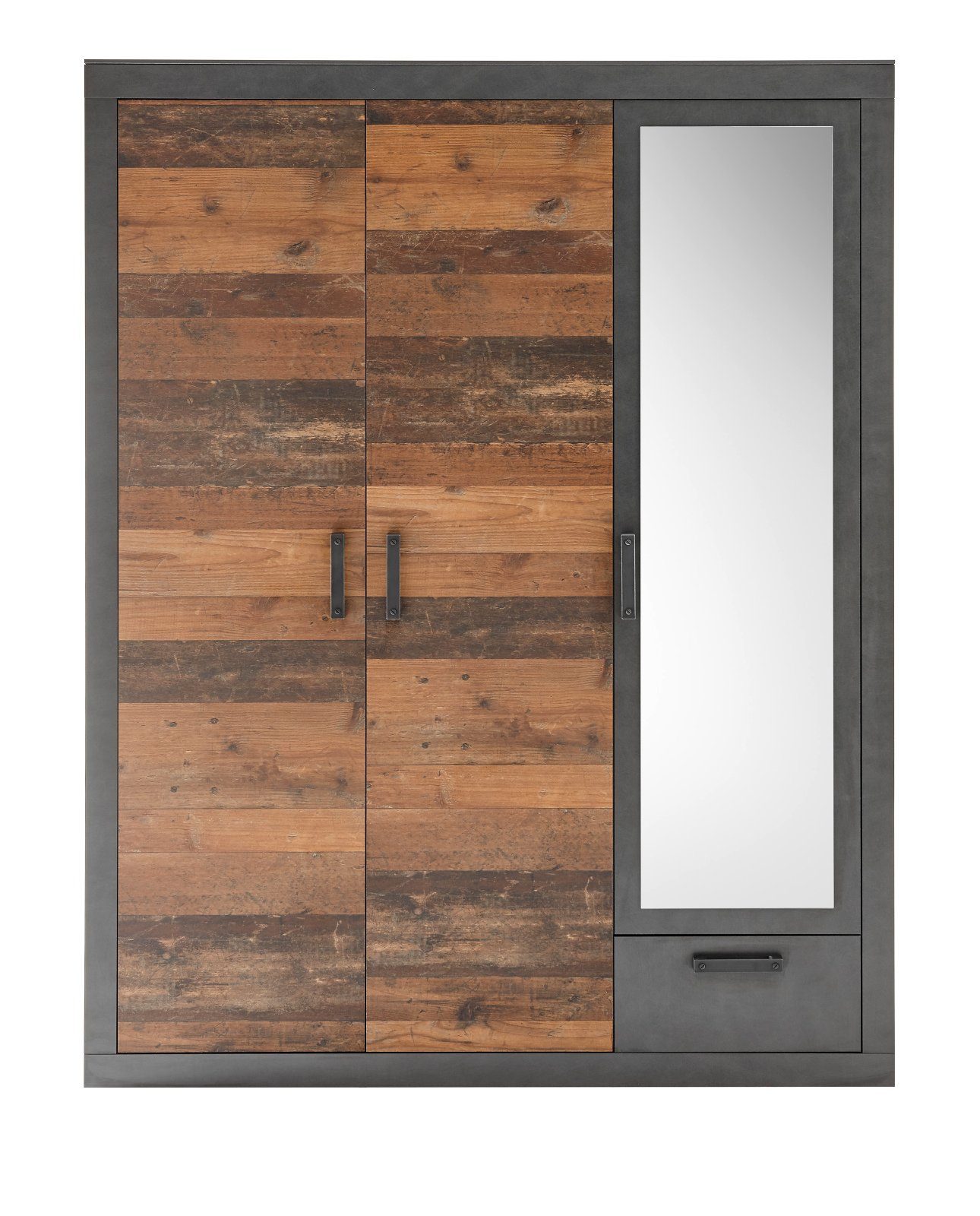 Furn.Design Kleiderschrank Ward (in Used Wood mit grau, 3-türig, 150 x 201 cm) 6 Wäschefächer und Schublade
