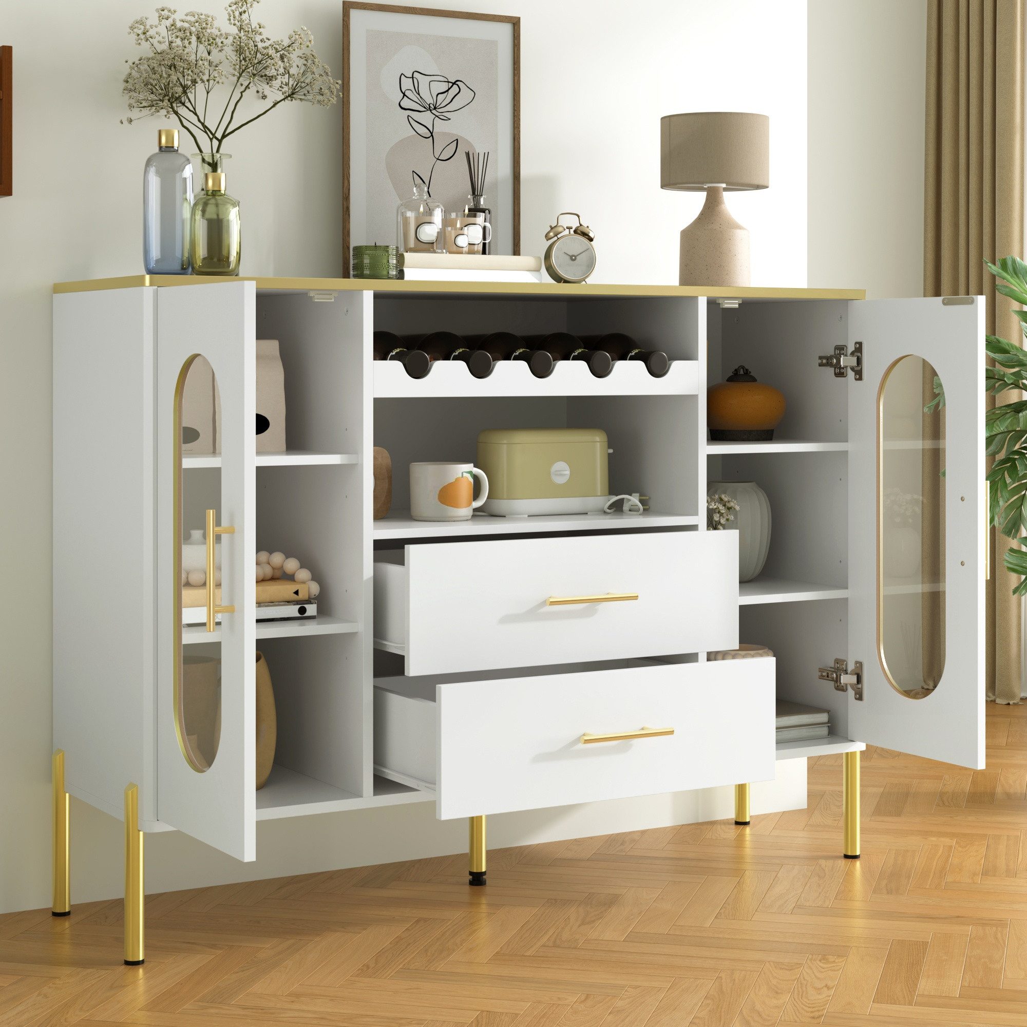 IDEASY Sideboard Weißes Sideboard: Glasfront, Weinregal & Stauraum