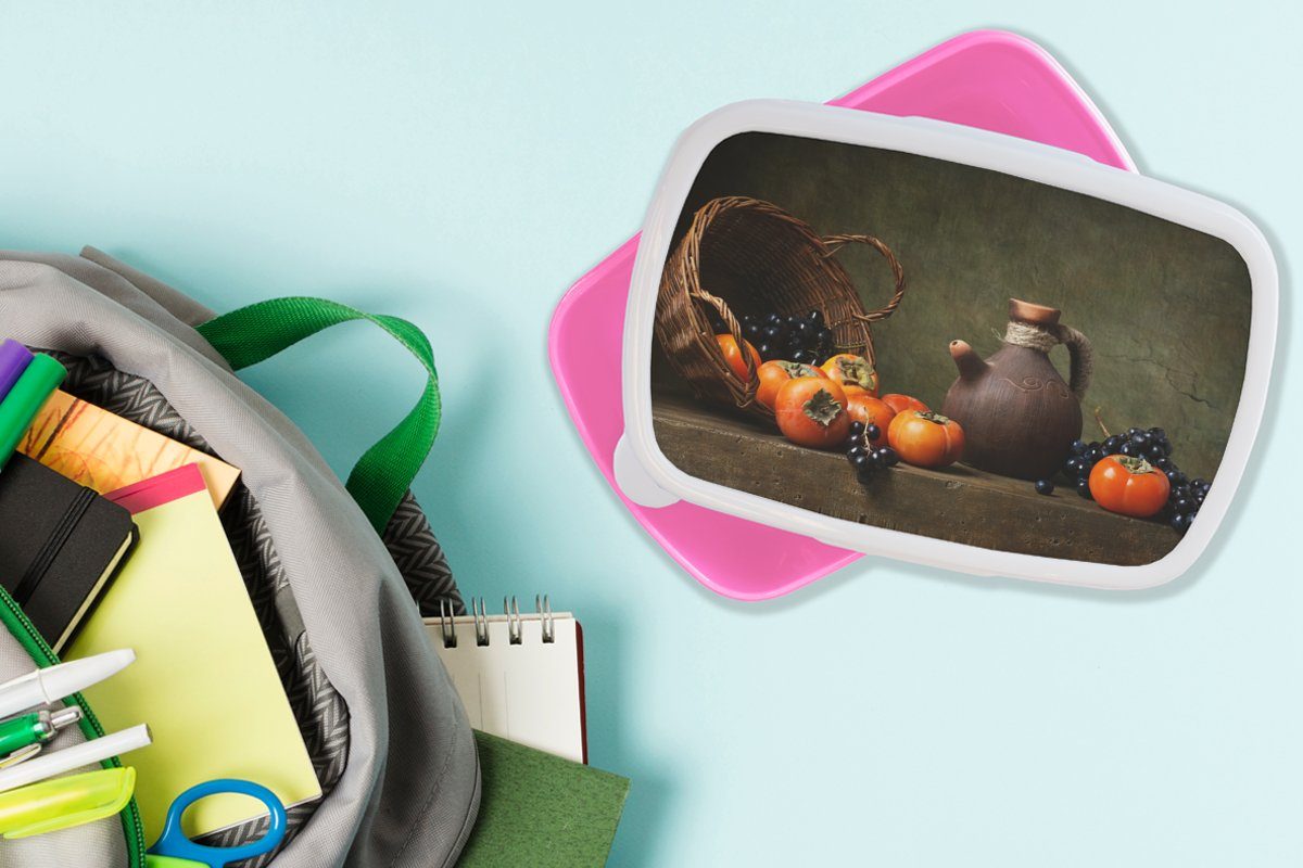 MuchoWow Lunchbox Rustikal - Snackbox, Erwachsene, Brotbox rosa Mädchen, Kunststoff, Obst (2-tlg), Kunststoff Stilleben, Korb für - - Kinder, Brotdose
