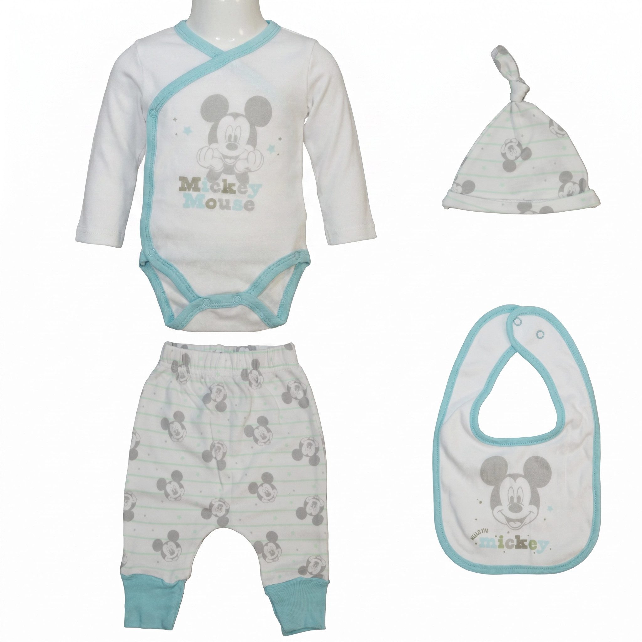 Strampler Mickey Maus Baby 4 tlg Set Body Hose Lätzchen Mütze
