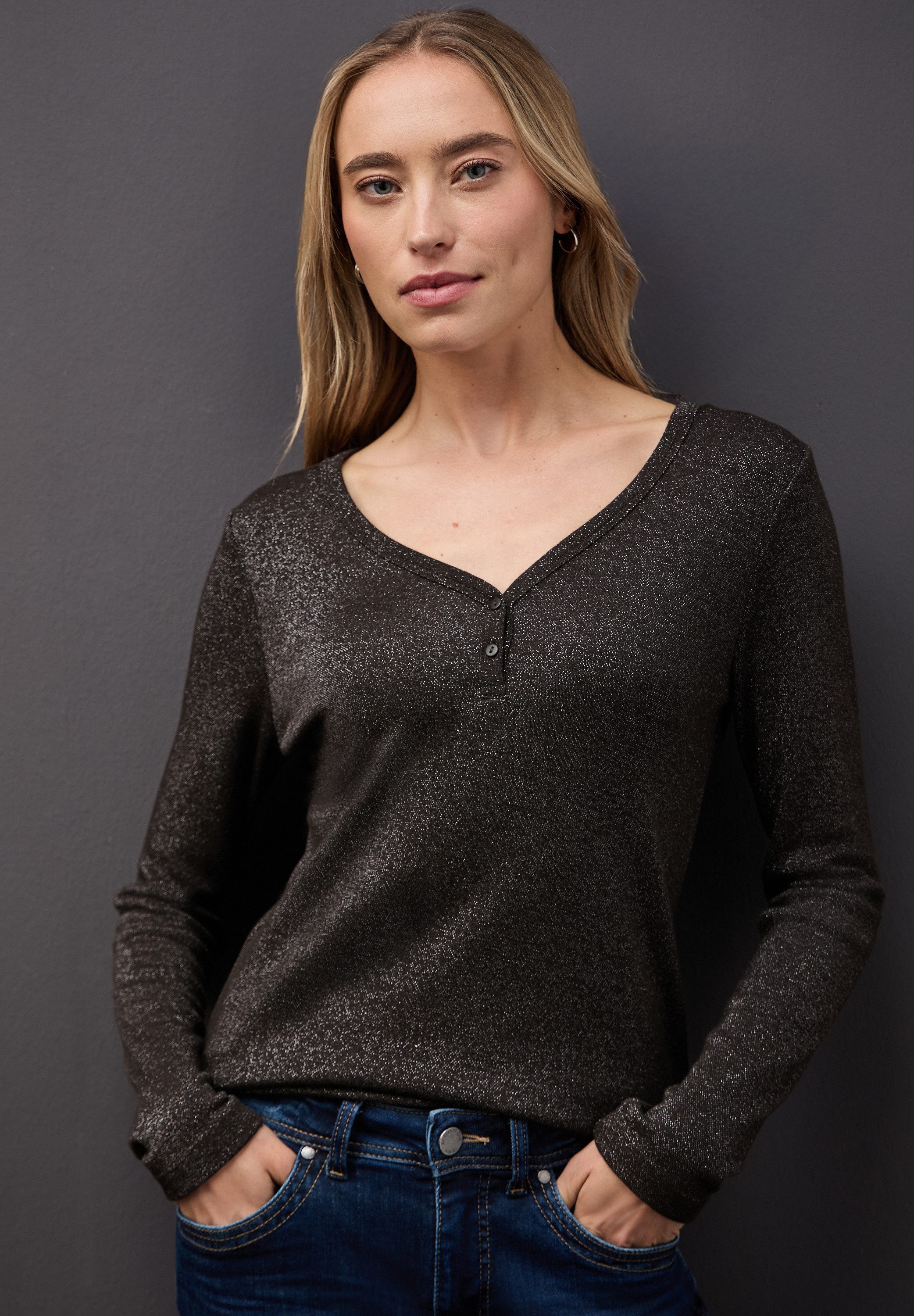 STREET ONE Langarmshirt im Glitzer-Look und ot Herz-Ausschnitt günstig online kaufen