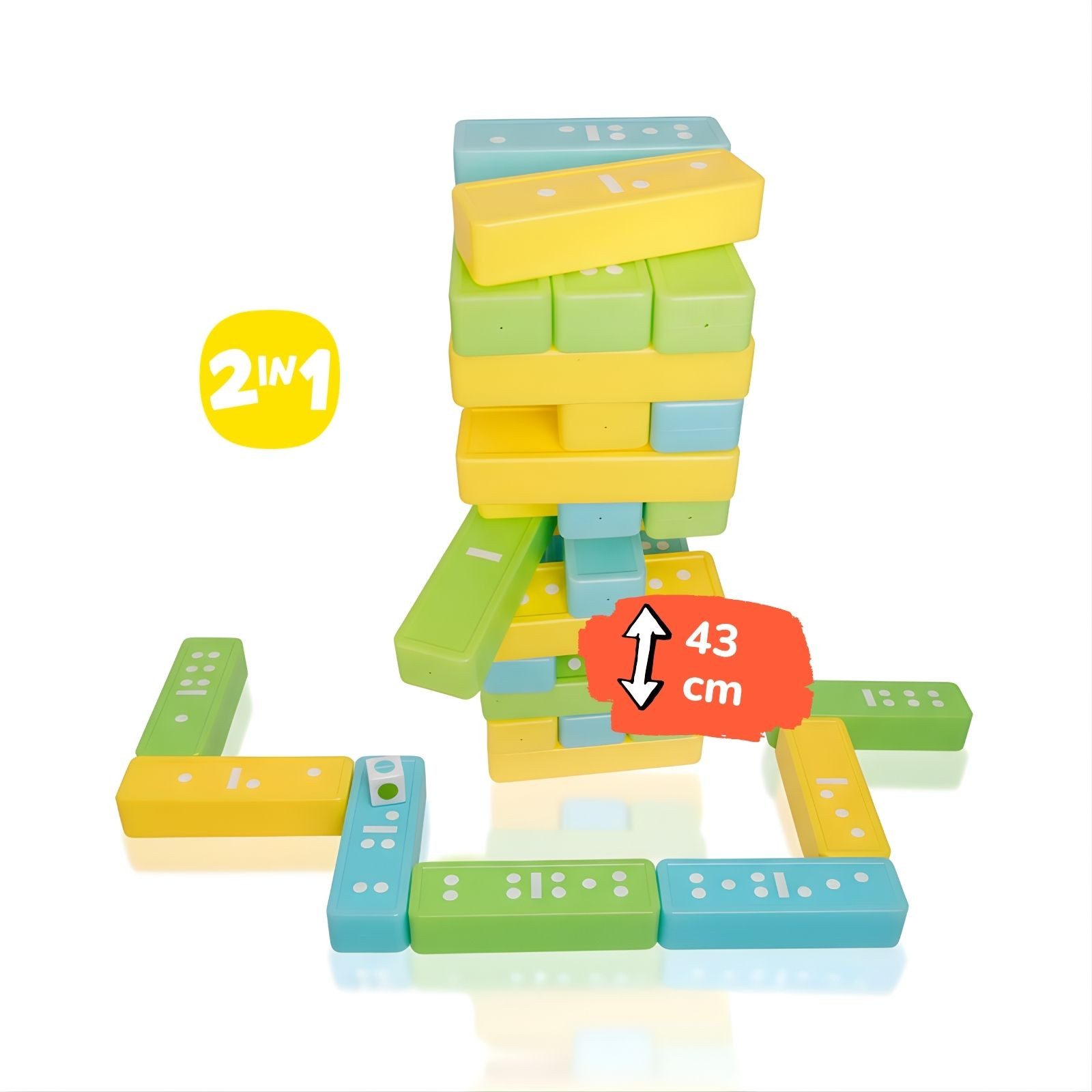 alldoro Spiel 2 in 1 XXL Wackelturm & Domino Stapelspiel für Kinder ab 2 Jahren, Riesen Gesellschaftsspiel, pflegeleichter Kunststoff, indoor & outdoor