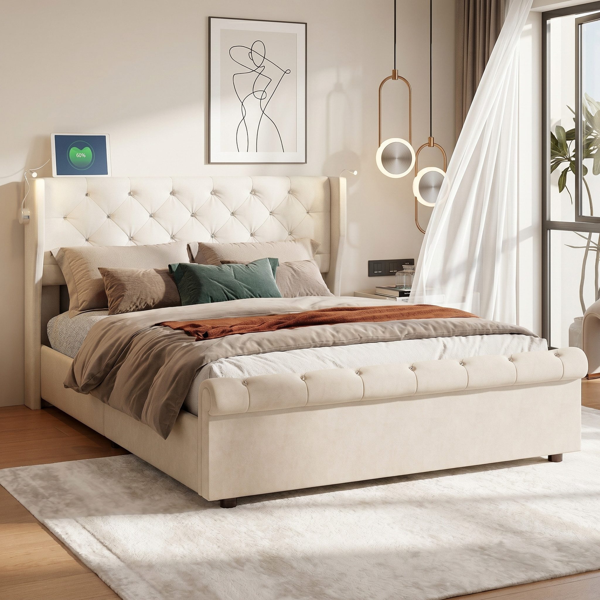 Simurq Polsterbett Doppelbett 160x200 cm mit Leselampen & USB (Set, 1-tlg) (Bettgestell mit Lattenrost, Leseleuchten & Ladeport), Jugendbett Polsterbett 160x200 samt beige mit Stauraum