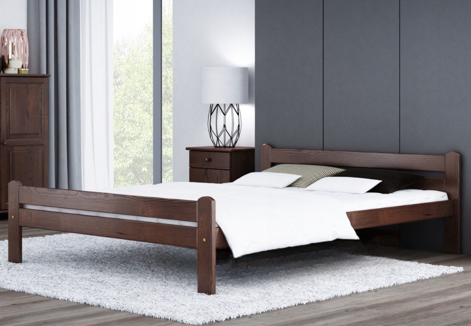 Home Collective Bettgestell Einzelbett Holzbett aus Massivholz Kiefer mit Lattenrost (mit abgerundeten Kanten & verstärkter Mittelstrebe), 205x172x58.5 cm, Walnuss