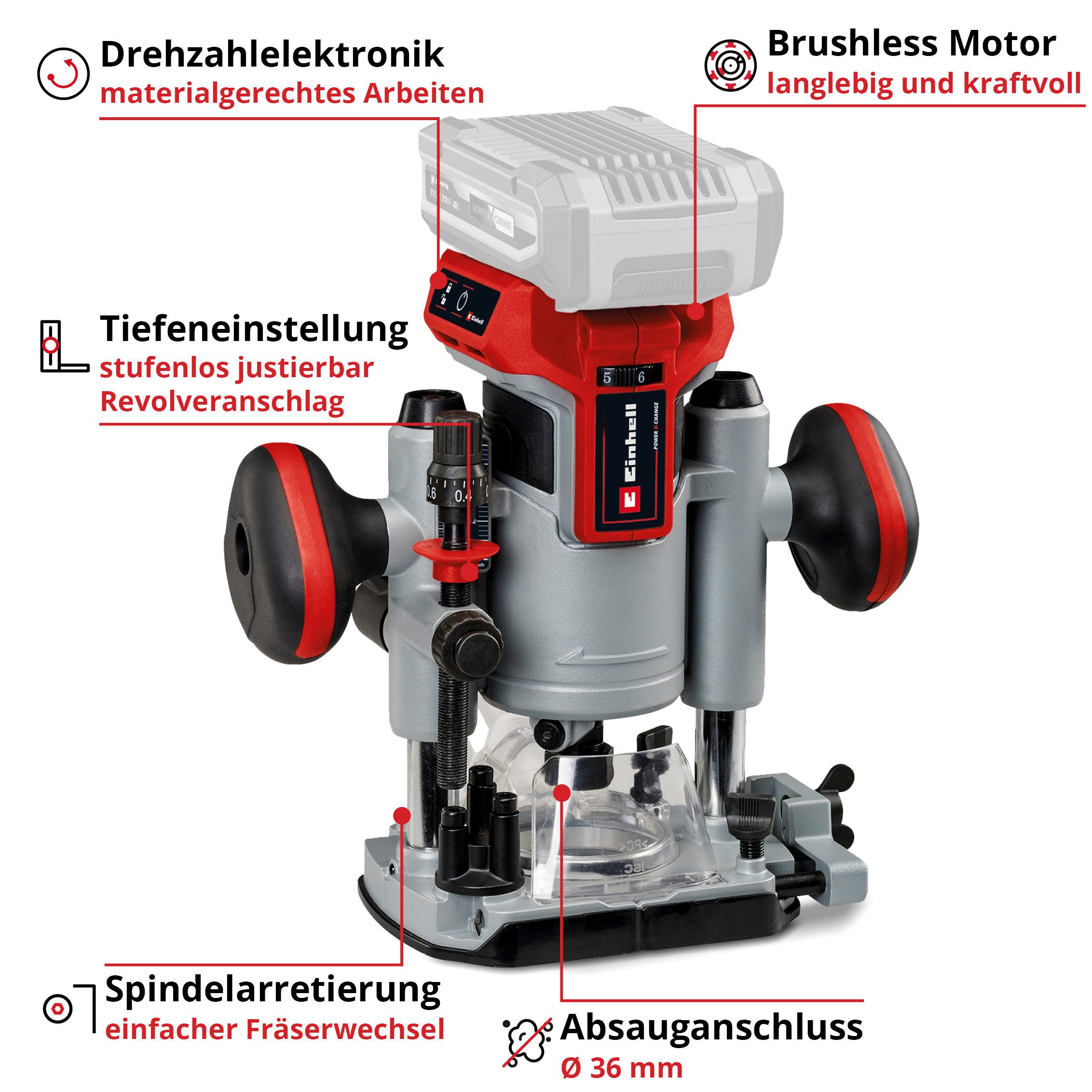 Einhell Akku-Fräse TP-RO 18 Li BL - Solo, Oberfräse ohne Akku und Ladegerät