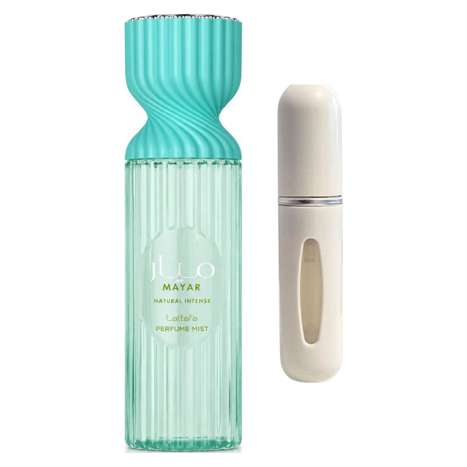 Lattafa Duft-Set Mayar Natural Intense Perfume Mist – Frisch + Parfümzerstäuber (leer)