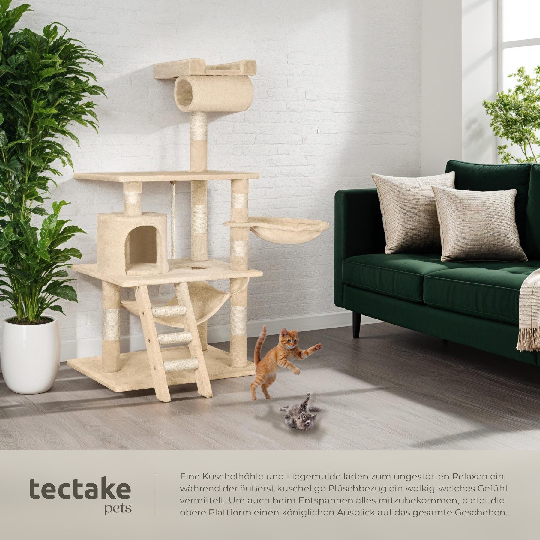 tectake Kratzbaum Katzenbaum Stokeley 141 cm Diverse Farben, Vielseitig mit robusten Sisalstangen und Plüschoberfläche